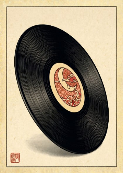 Vinyl record art poster featuring Japanese design elements in red and earthy tones