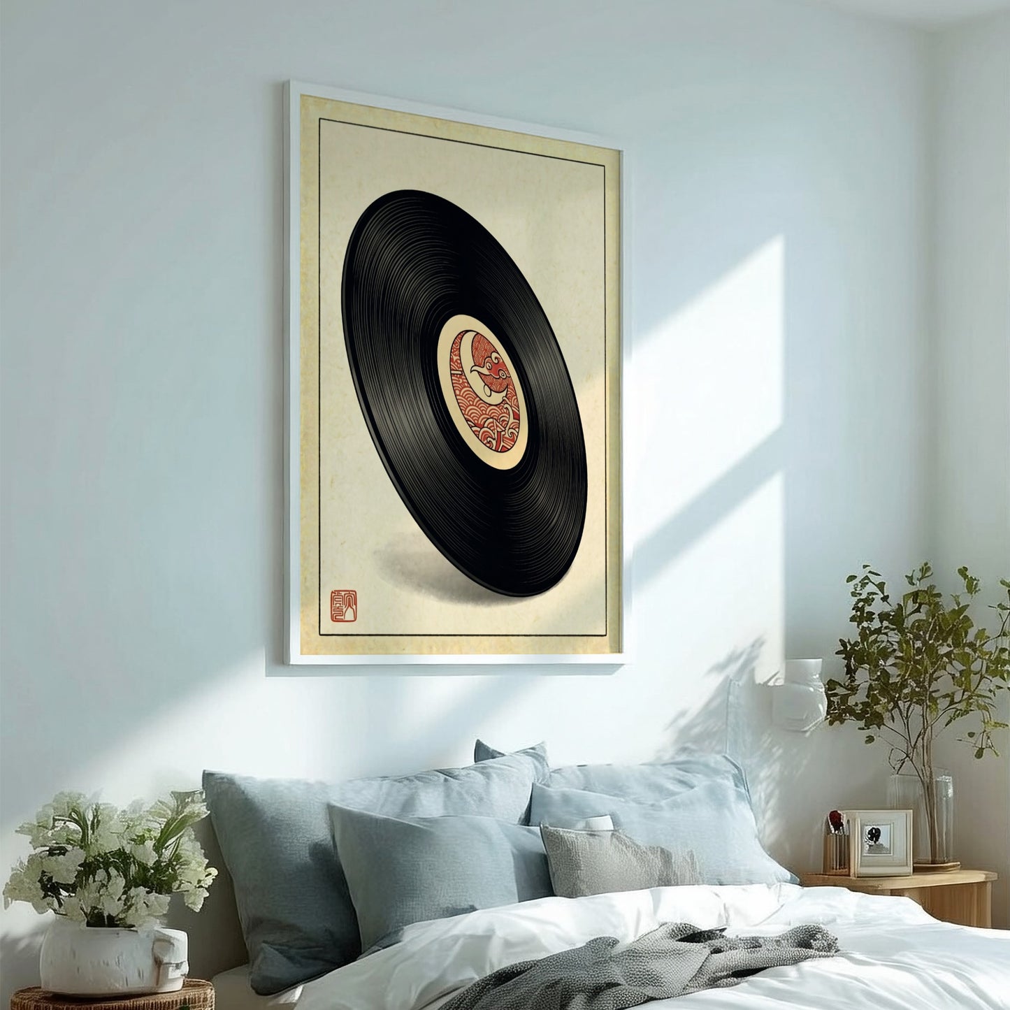Vinyl record art poster featuring Japanese design elements in red and earthy tones