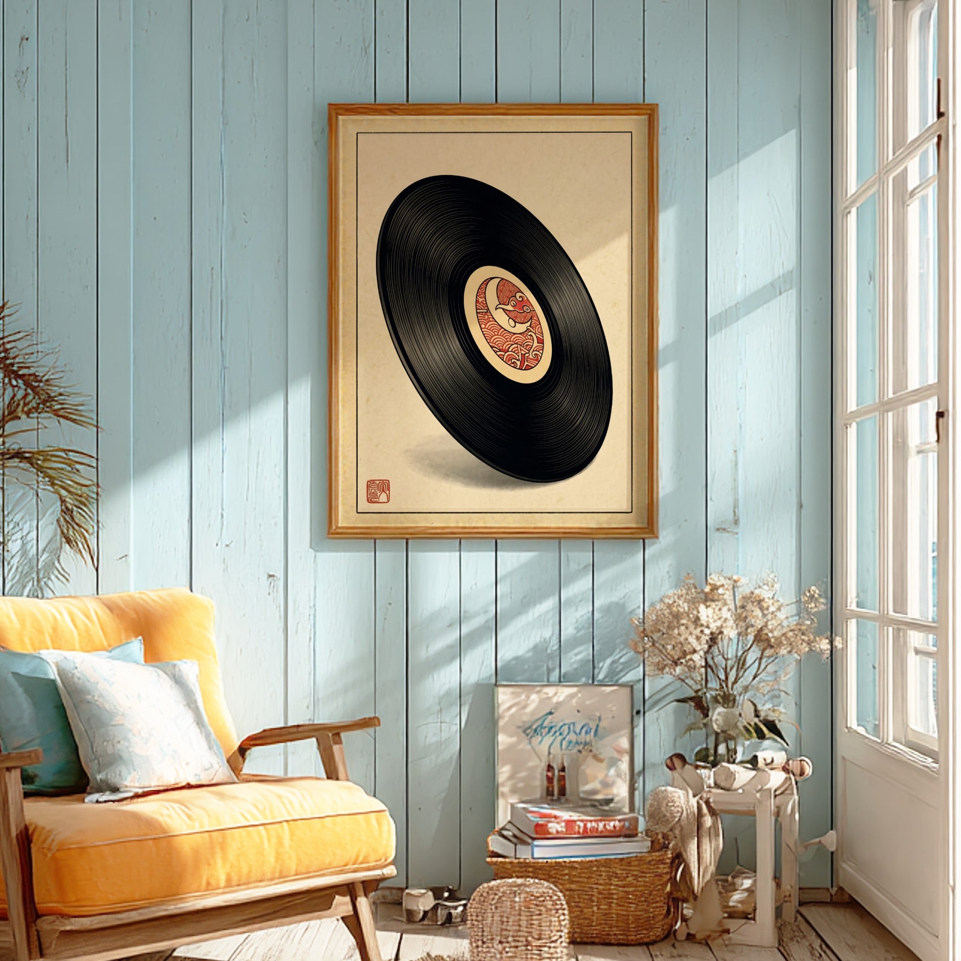 Vinyl record art poster featuring Japanese design elements in red and earthy tones