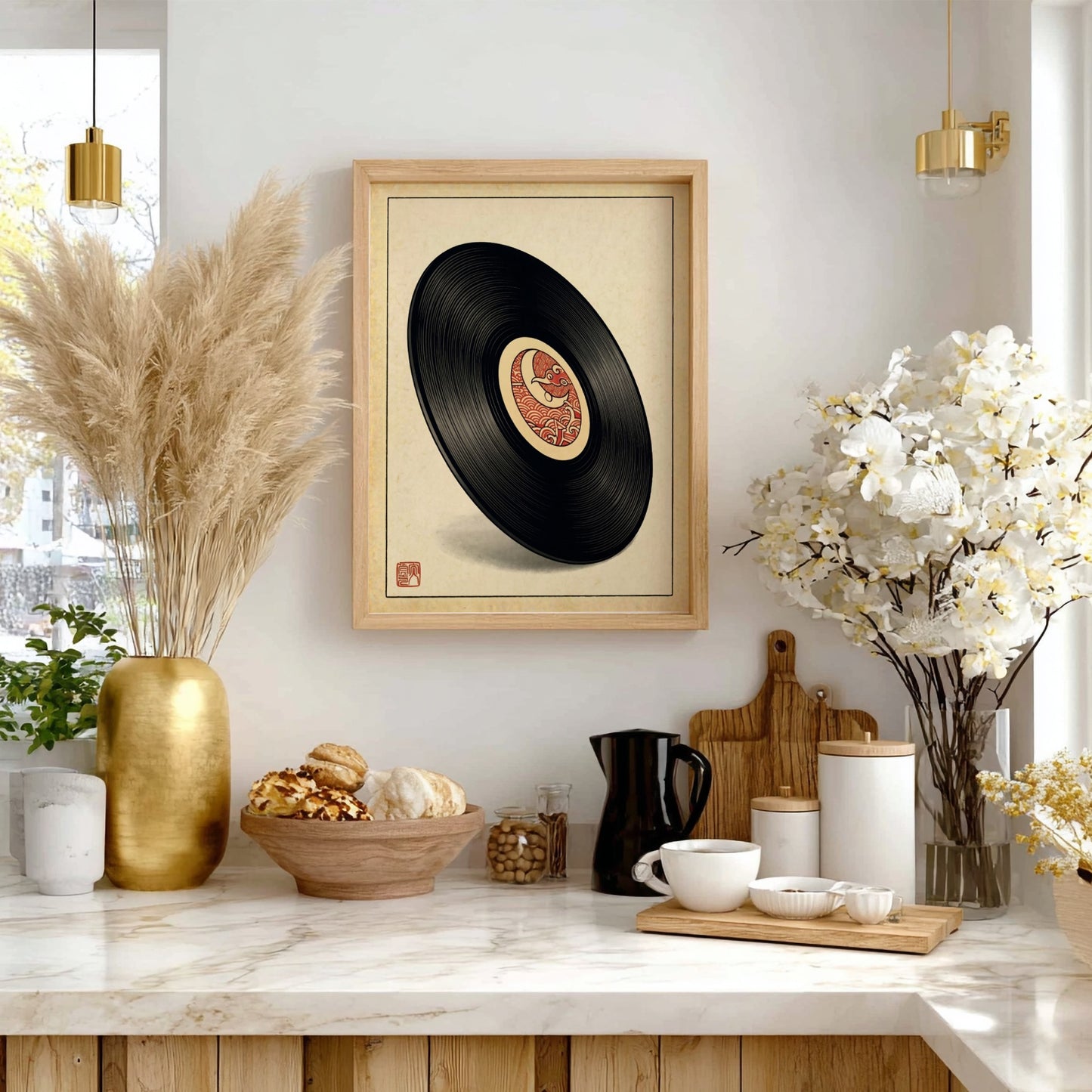 Vinyl record art poster featuring Japanese design elements in red and earthy tones