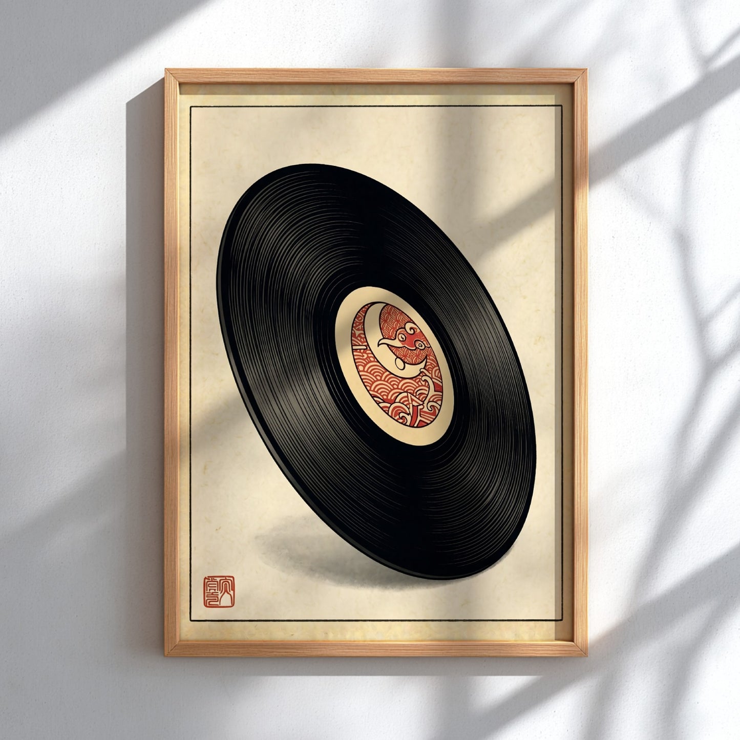 Vinyl record art poster featuring Japanese design elements in red and earthy tones