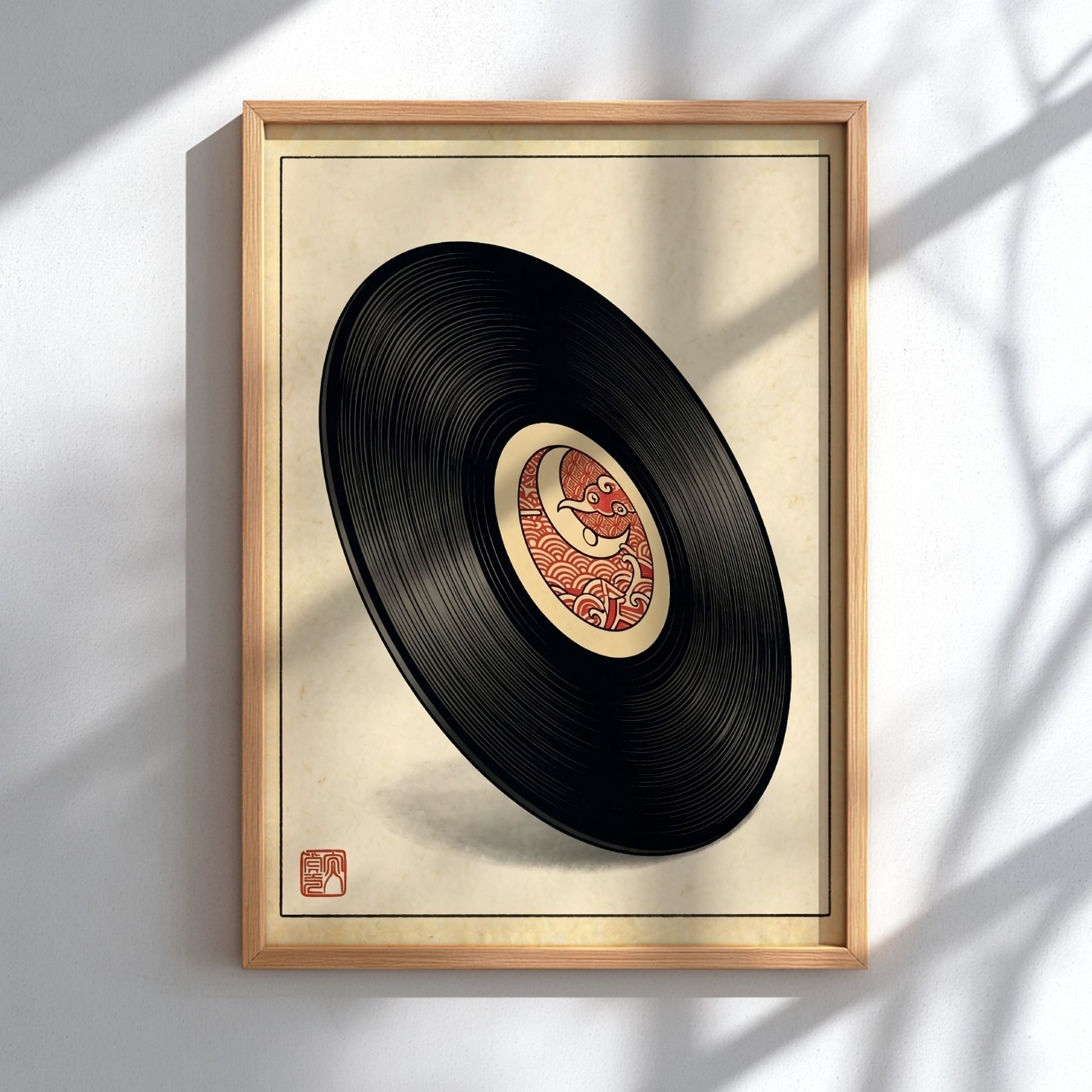 Vinyl record art poster featuring Japanese design elements in red and earthy tones