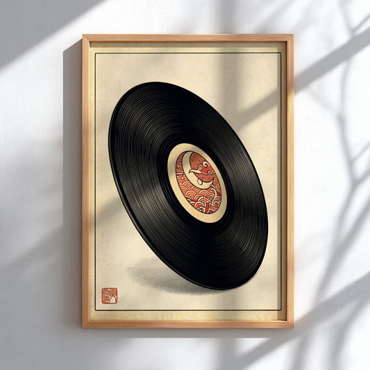 Vinyl record art poster featuring Japanese design elements in red and earthy tones
