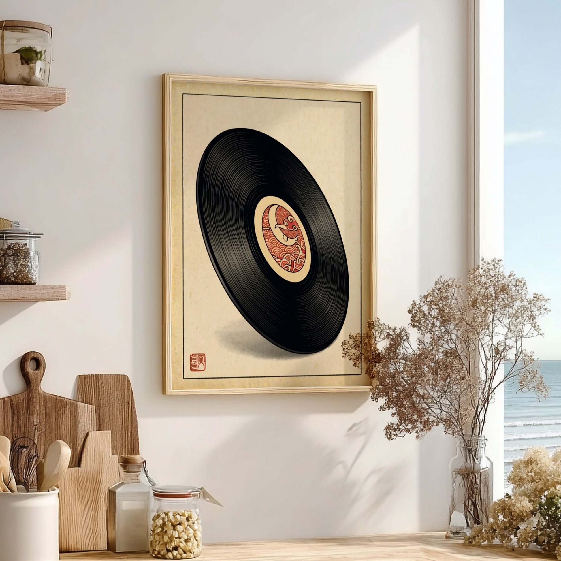 Vinyl record art poster featuring Japanese design elements in red and earthy tones
