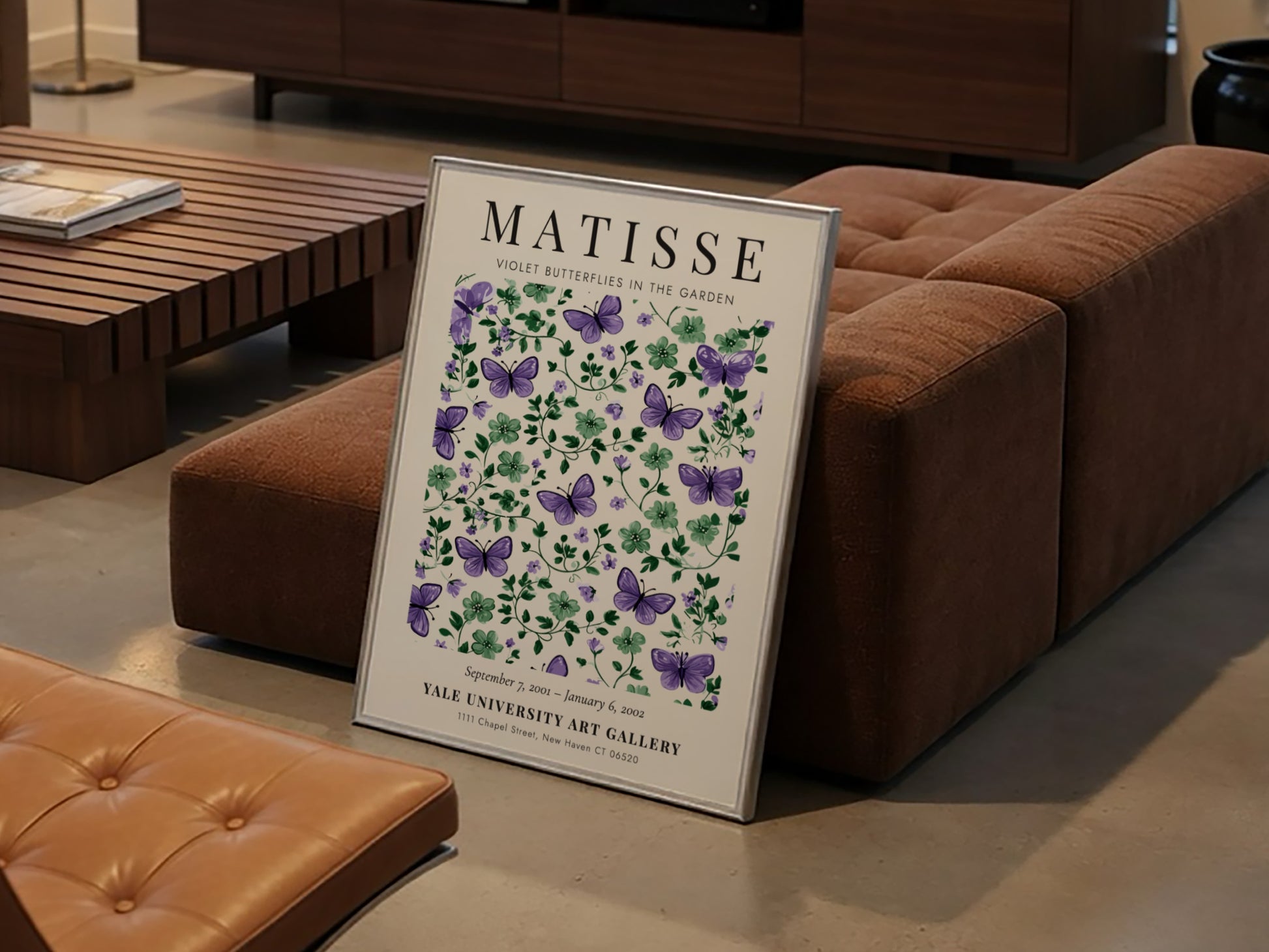 Henri Matisse poster featuring violet butterflies and green foliage, floral decor for wall art