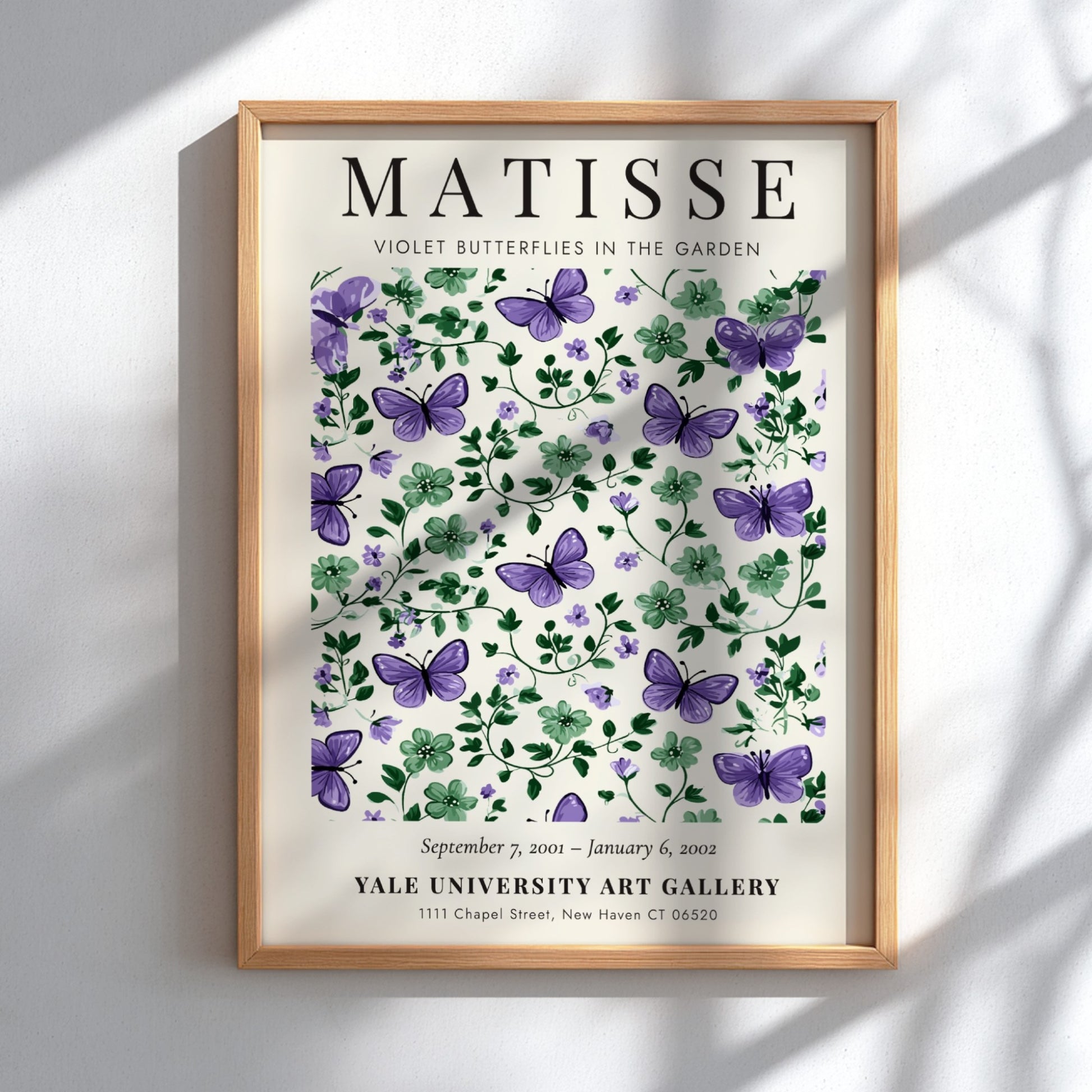 Henri Matisse poster featuring violet butterflies and green foliage, floral decor for wall art