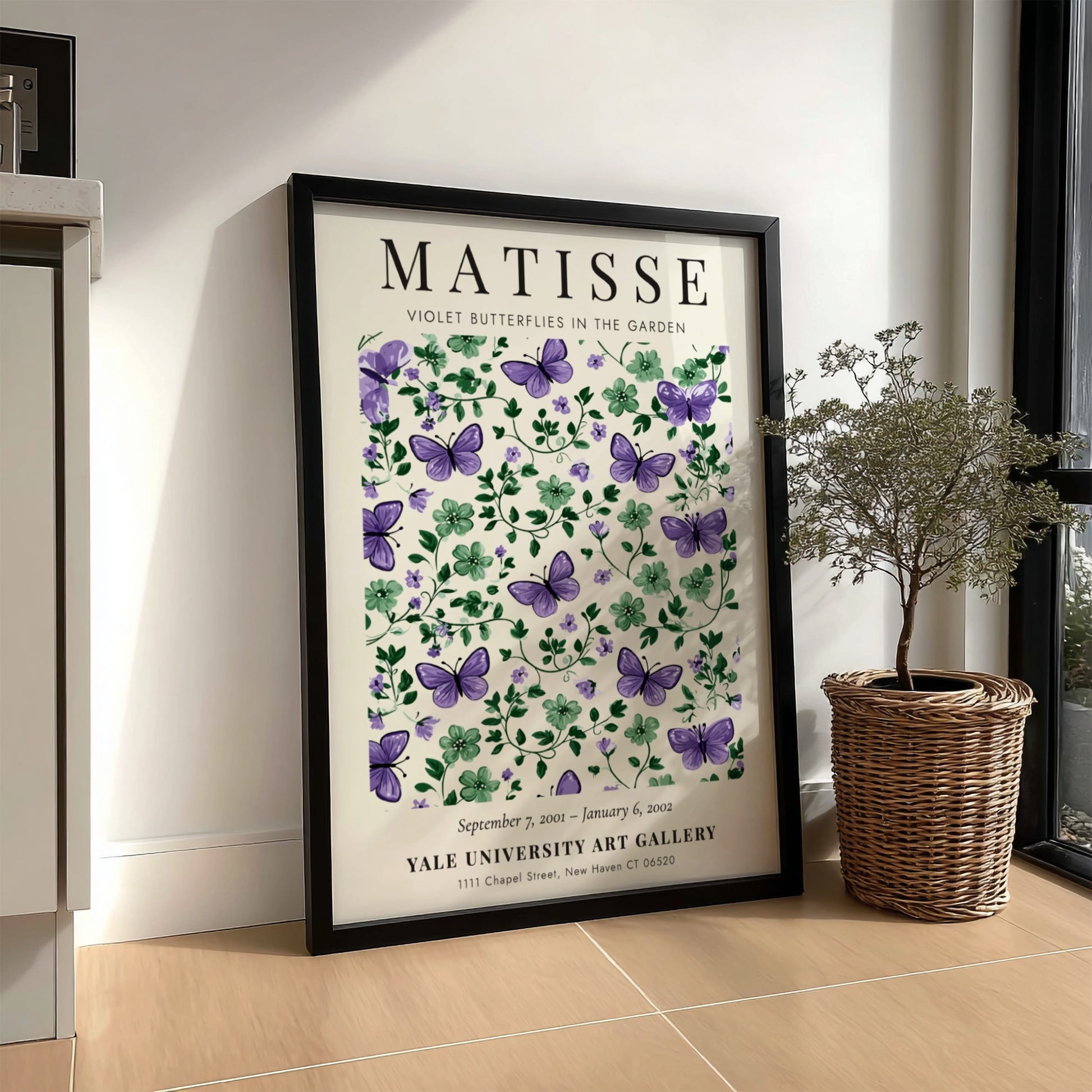 Henri Matisse poster featuring violet butterflies and green foliage, floral decor for wall art