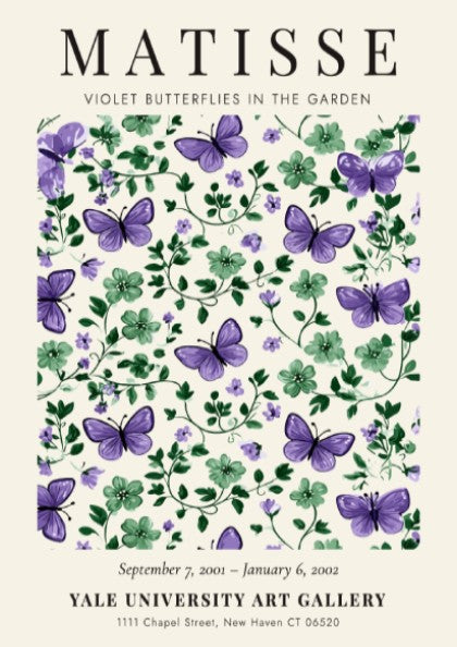 Henri Matisse poster featuring violet butterflies and green foliage, floral decor for wall art