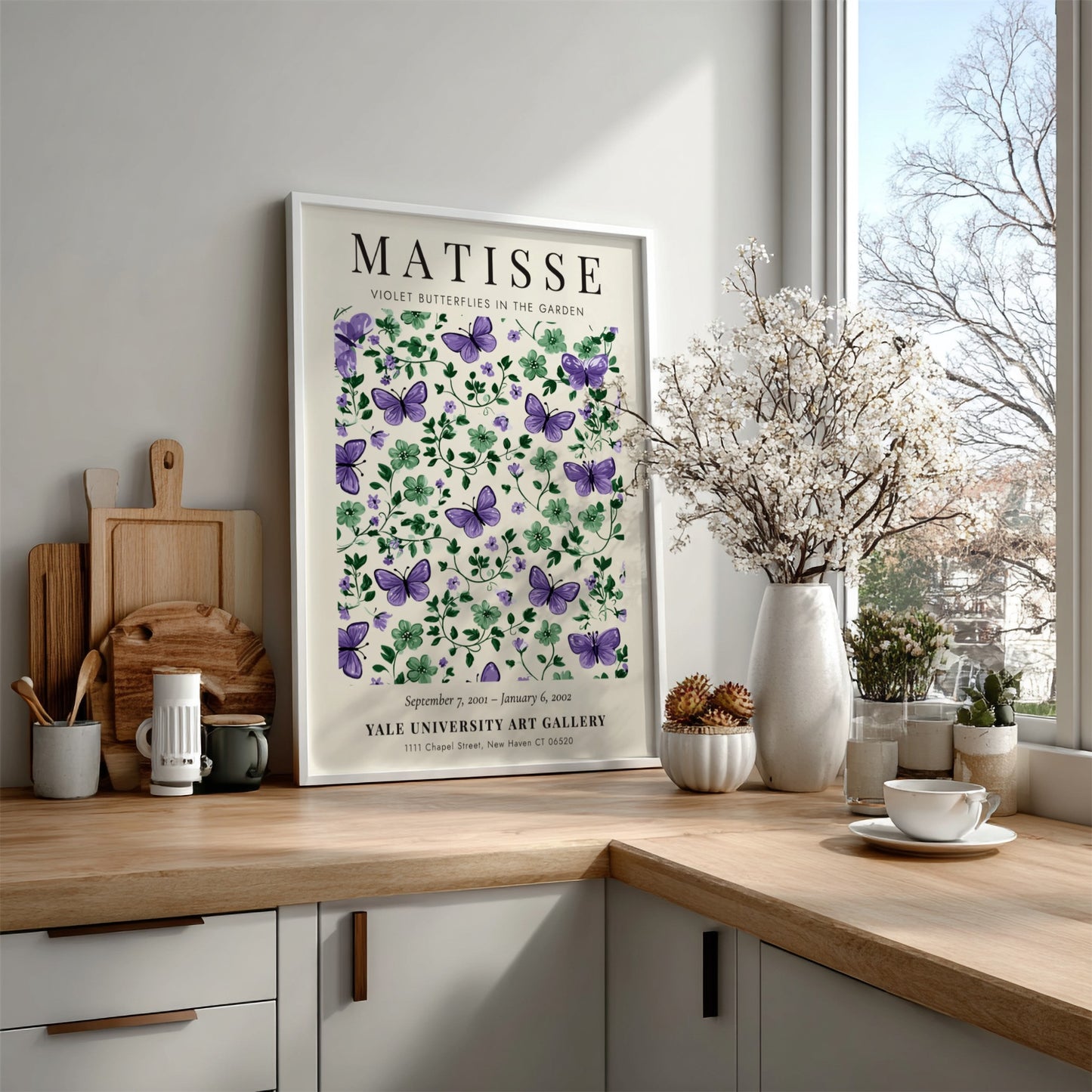 Henri Matisse poster featuring violet butterflies and green foliage, floral decor for wall art