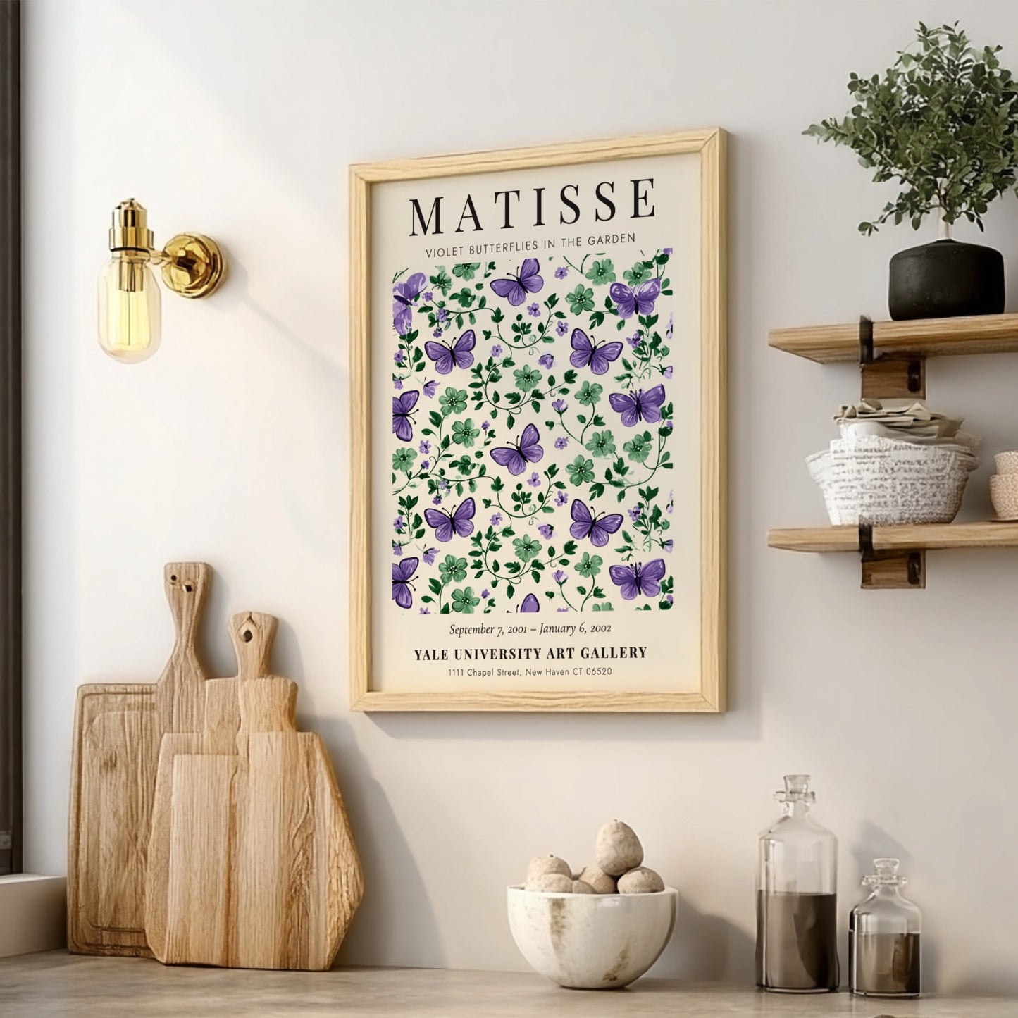 Henri Matisse poster featuring violet butterflies and green foliage, floral decor for wall art