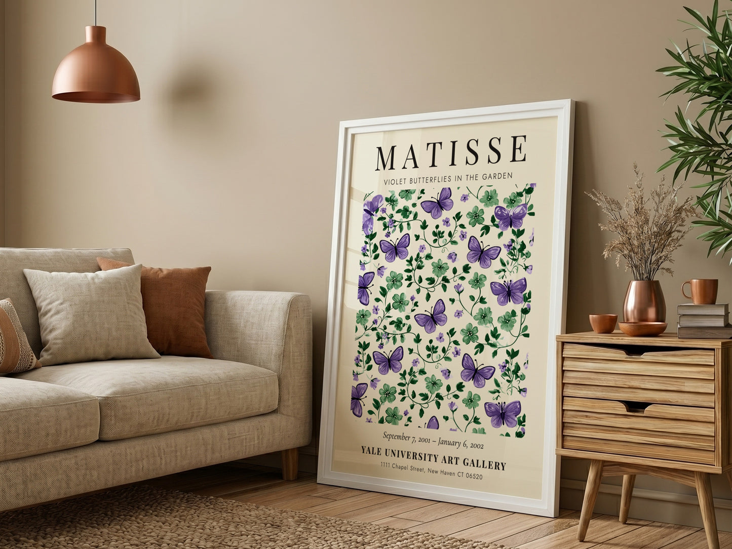 Henri Matisse poster featuring violet butterflies and green foliage, floral decor for wall art