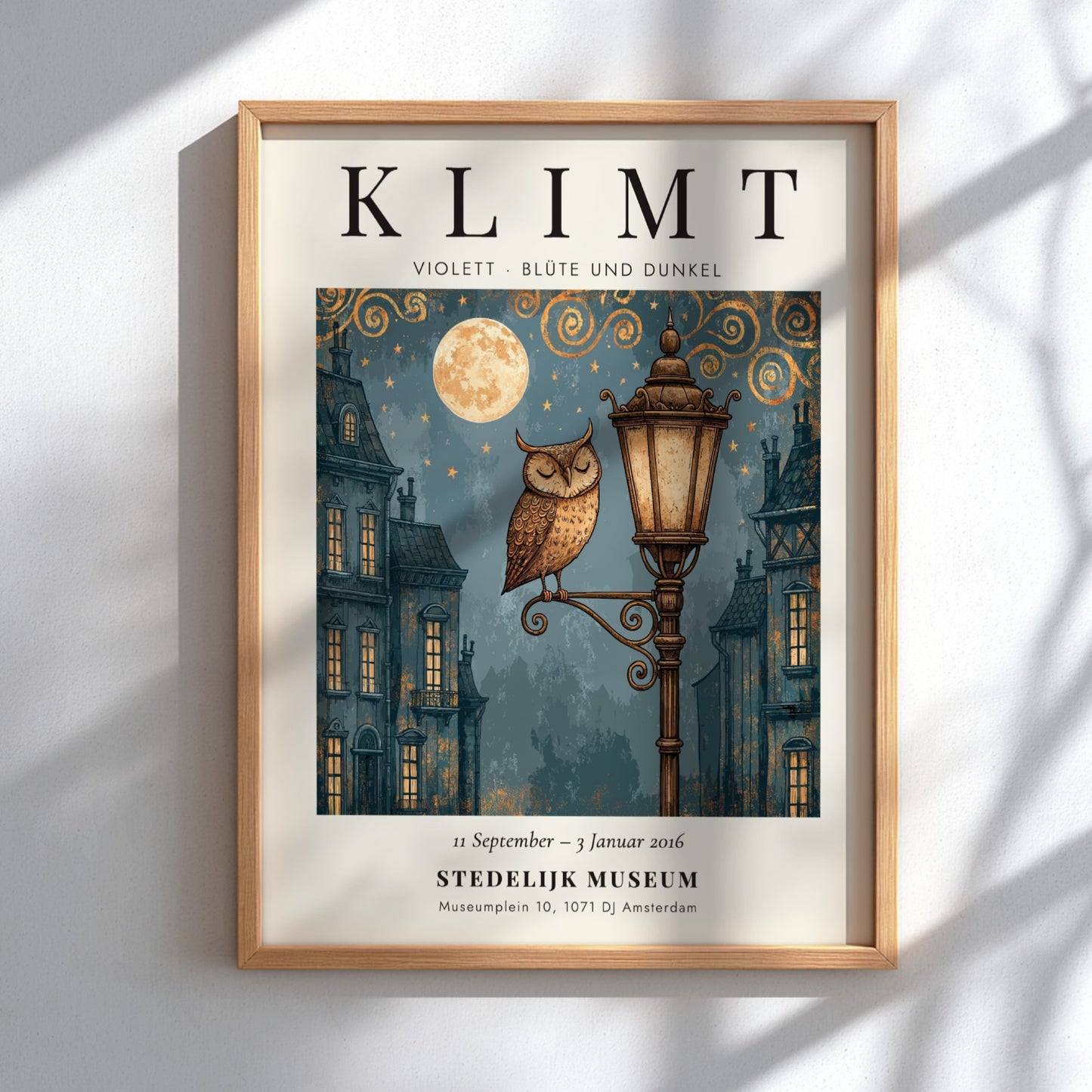 Poster inspired by Gustav Klimt featuring an owl on a lamp post with blue and gold colors