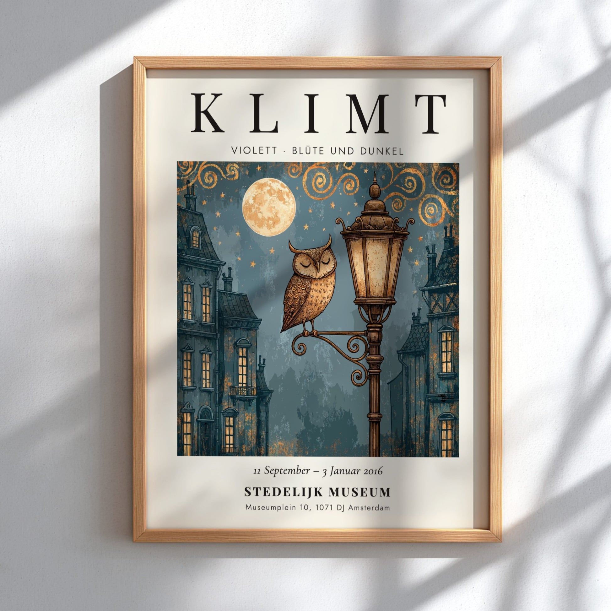 Poster inspired by Gustav Klimt featuring an owl on a lamp post with blue and gold colors