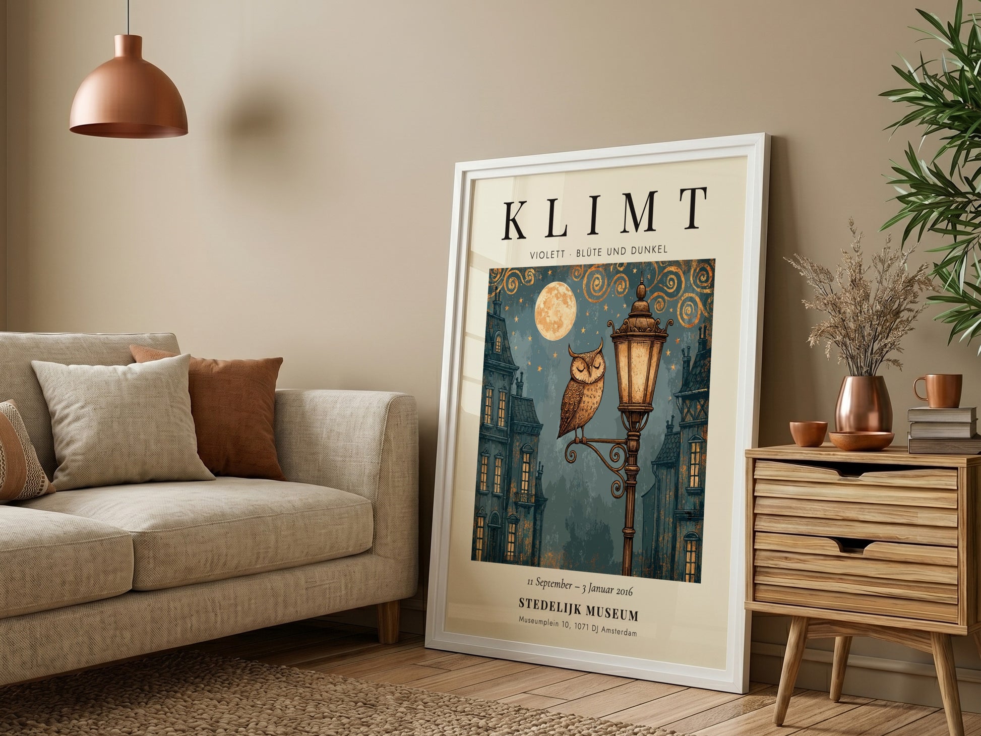 Poster inspired by Gustav Klimt featuring an owl on a lamp post with blue and gold colors