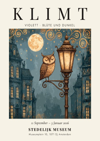 Poster inspired by Gustav Klimt featuring an owl on a lamp post with blue and gold colors