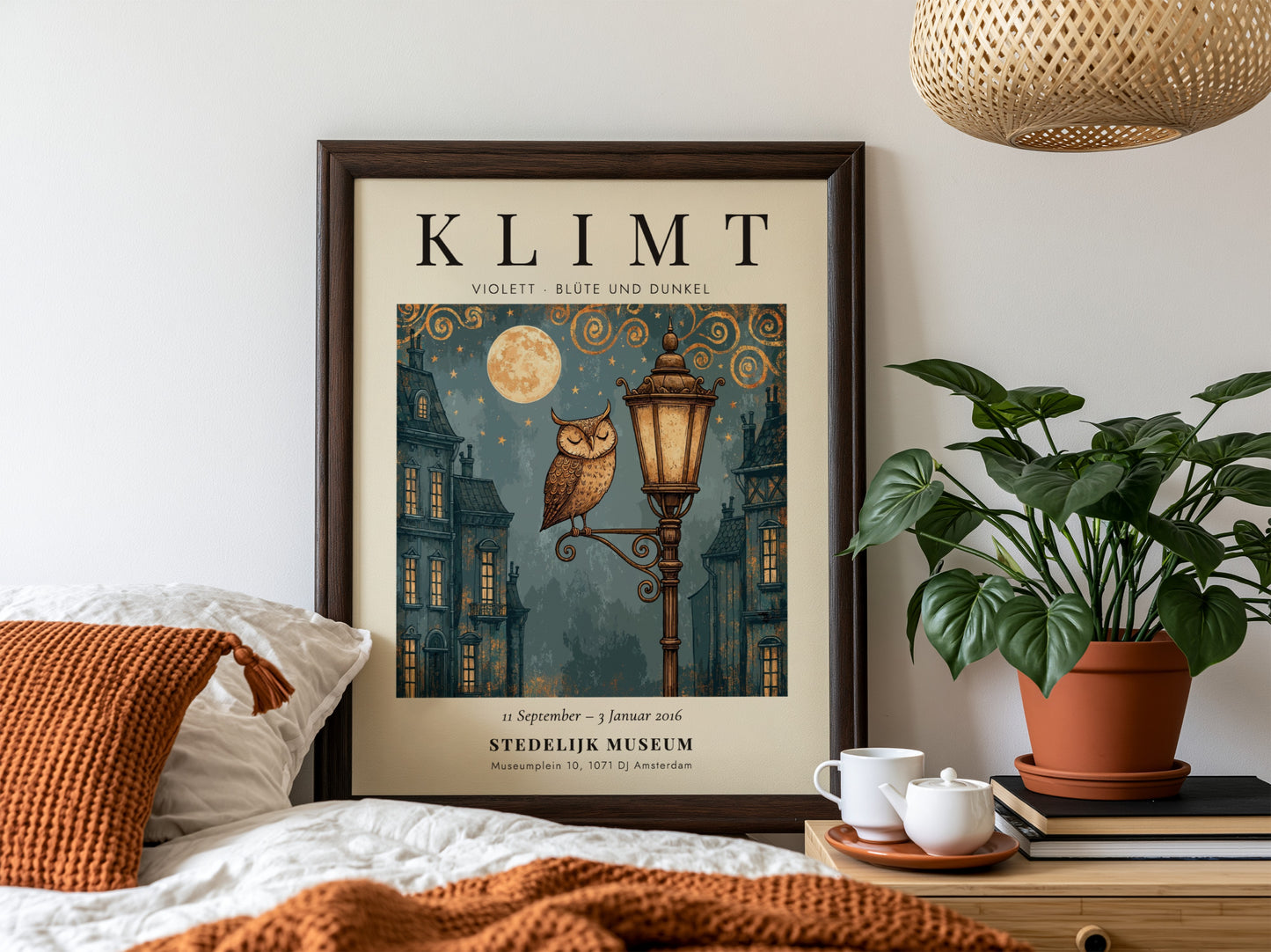 Poster inspired by Gustav Klimt featuring an owl on a lamp post with blue and gold colors