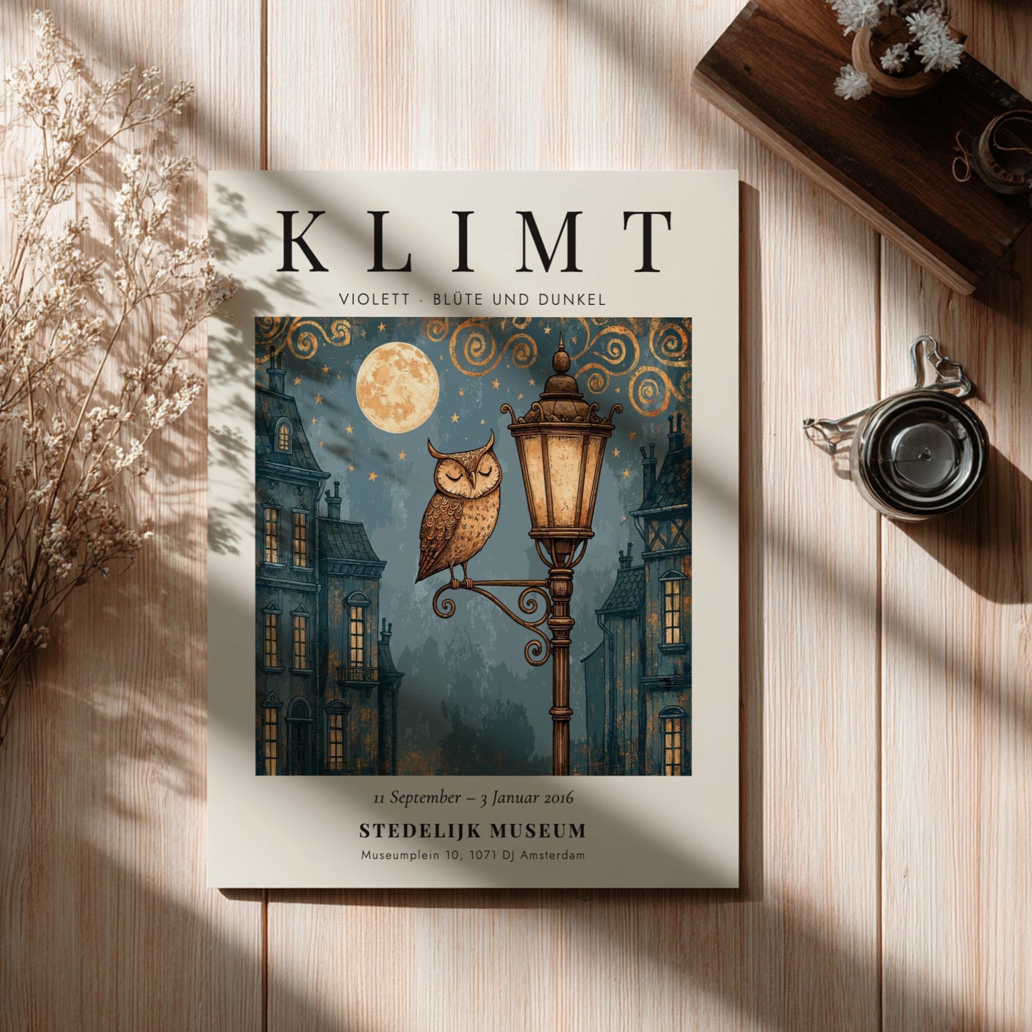 Poster inspired by Gustav Klimt featuring an owl on a lamp post with blue and gold colors