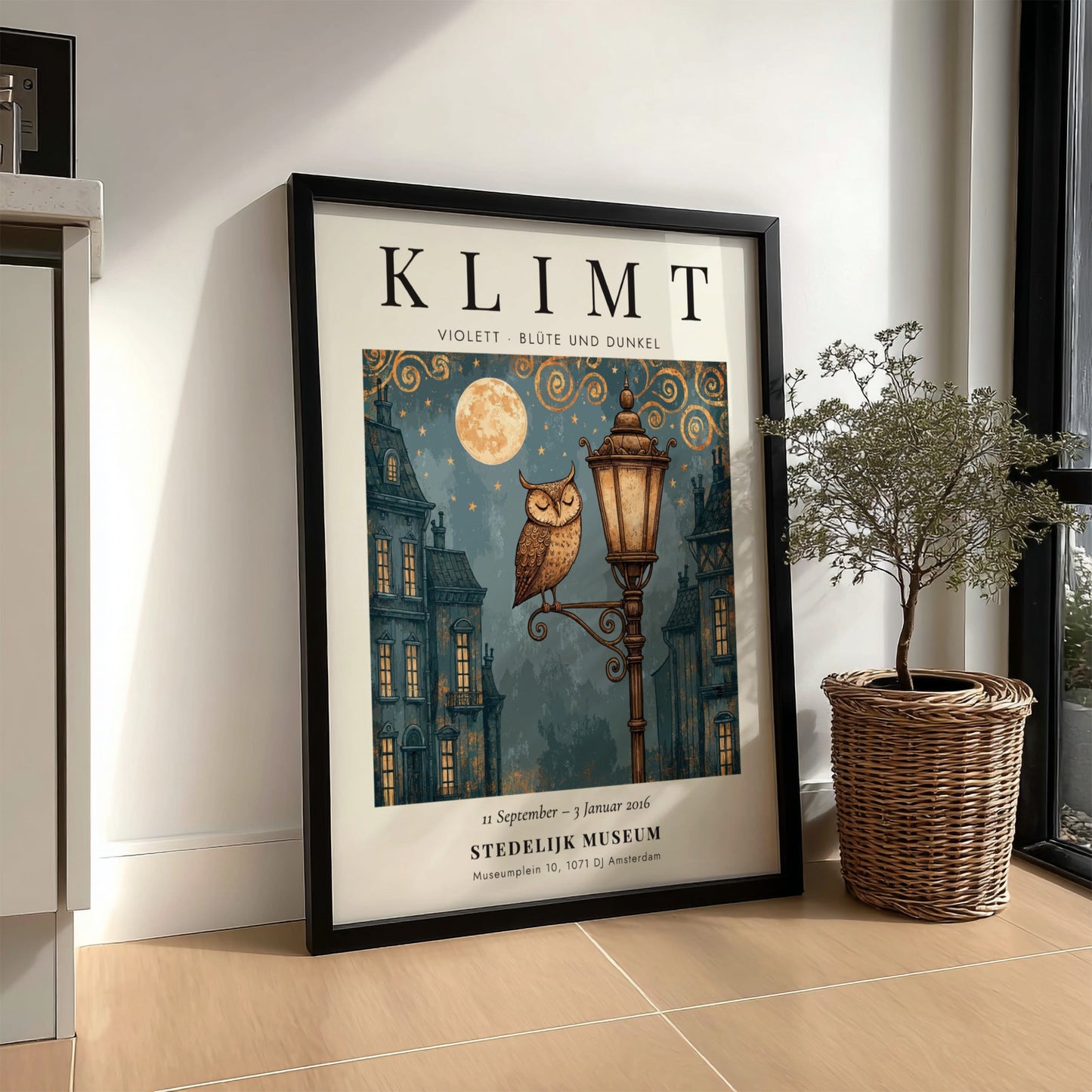 Poster inspired by Gustav Klimt featuring an owl on a lamp post with blue and gold colors