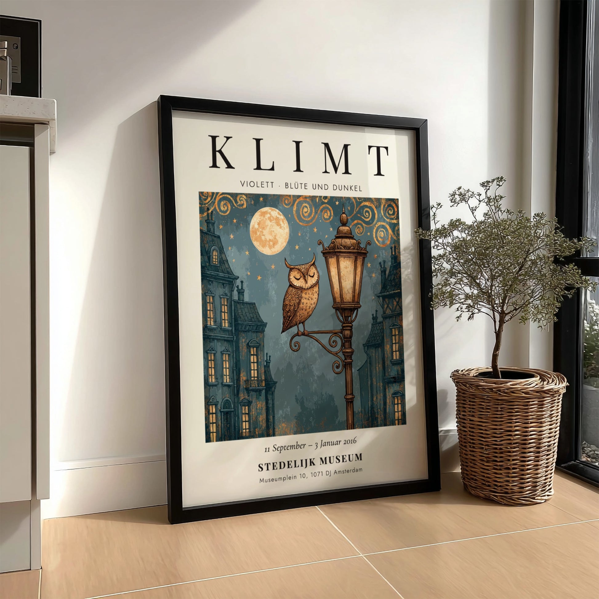 Poster inspired by Gustav Klimt featuring an owl on a lamp post with blue and gold colors