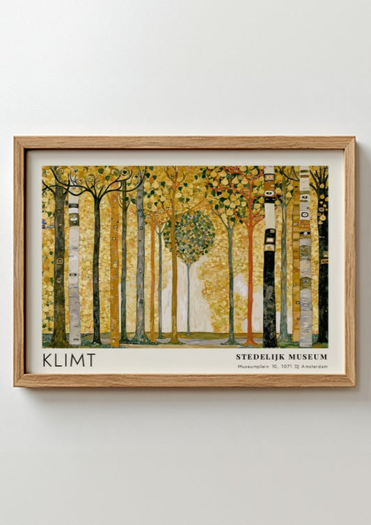 Violett - Blüte und Dunkel poster featuring Klimt's landscape art with golden hues and intricate patterns.