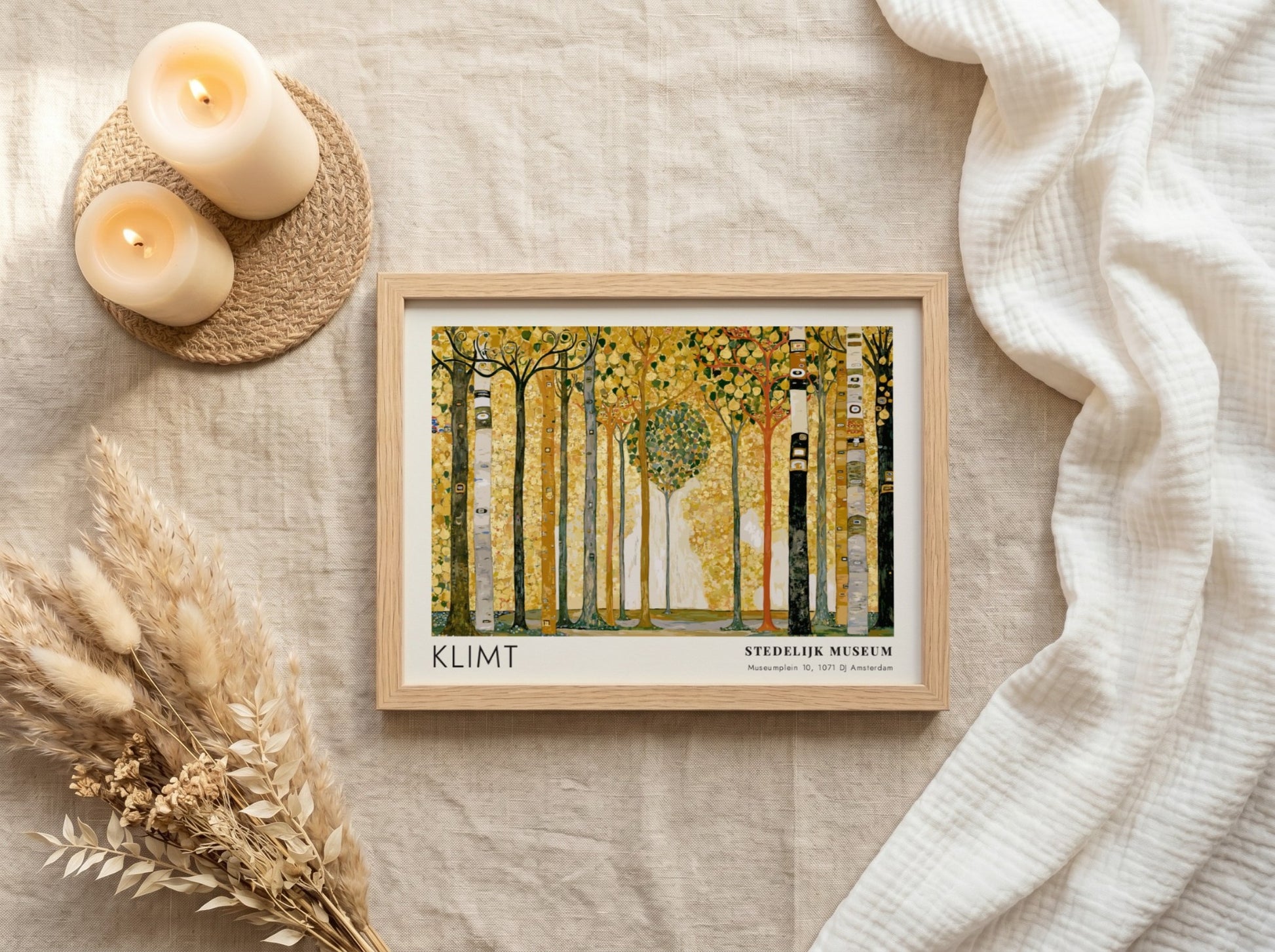Violett - Blüte und Dunkel poster featuring Klimt's landscape art with golden hues and intricate patterns.