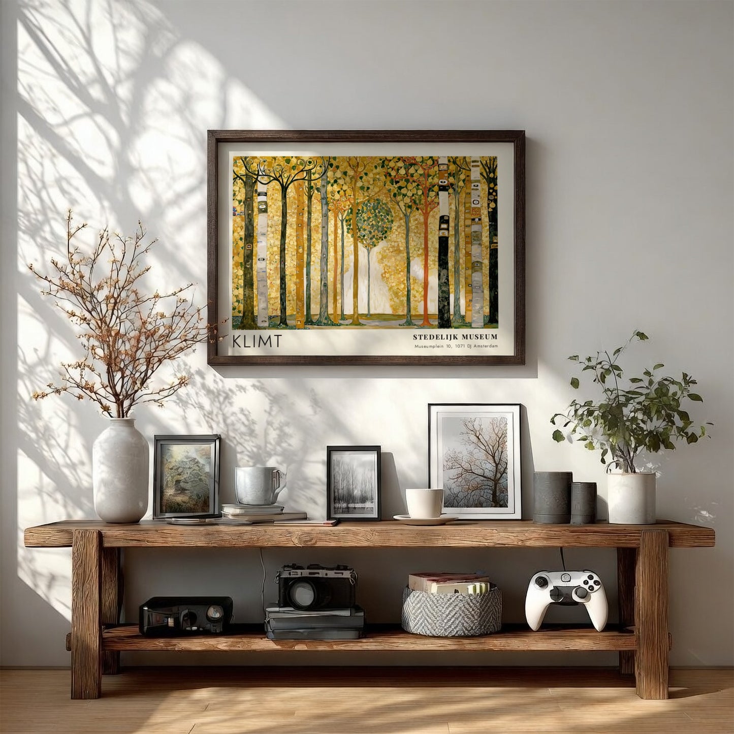 Violett - Blüte und Dunkel poster featuring Klimt's landscape art with golden hues and intricate patterns.