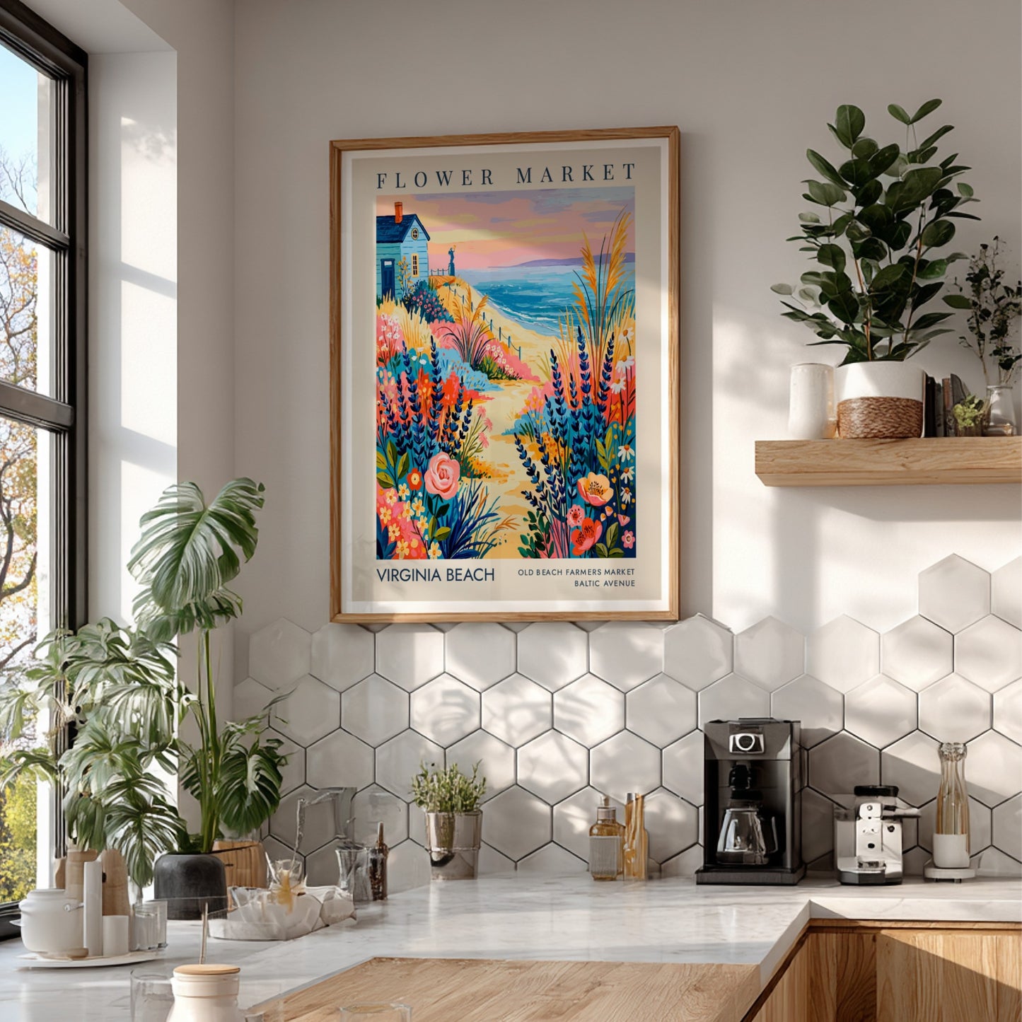 Virginia Beach flower market poster featuring colorful blooms and coastal scenery in a vibrant style