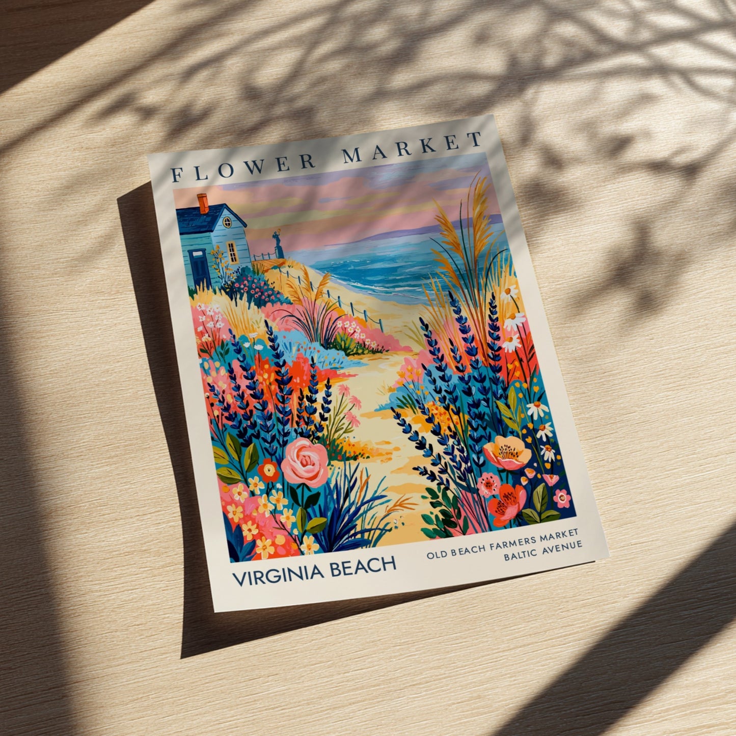 Virginia Beach flower market poster featuring colorful blooms and coastal scenery in a vibrant style