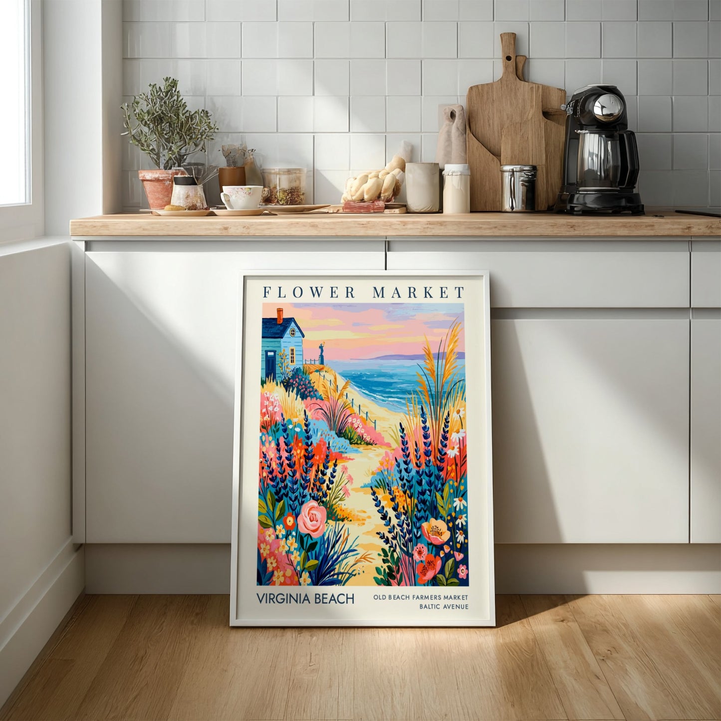 Virginia Beach flower market poster featuring colorful blooms and coastal scenery in a vibrant style