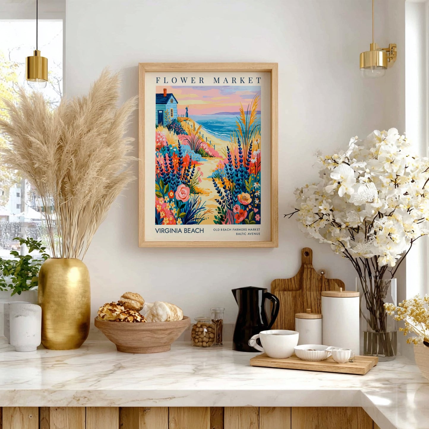 Virginia Beach flower market poster featuring colorful blooms and coastal scenery in a vibrant style