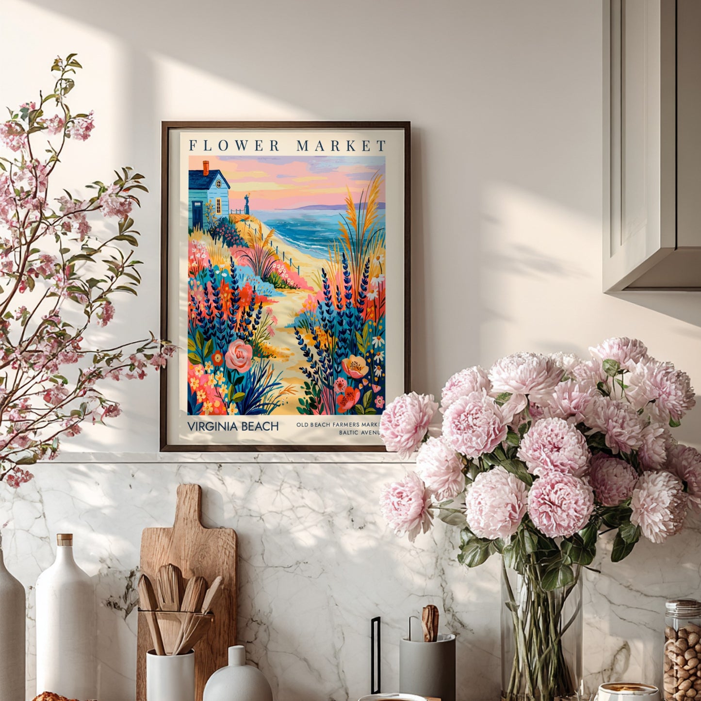 Virginia Beach flower market poster featuring colorful blooms and coastal scenery in a vibrant style