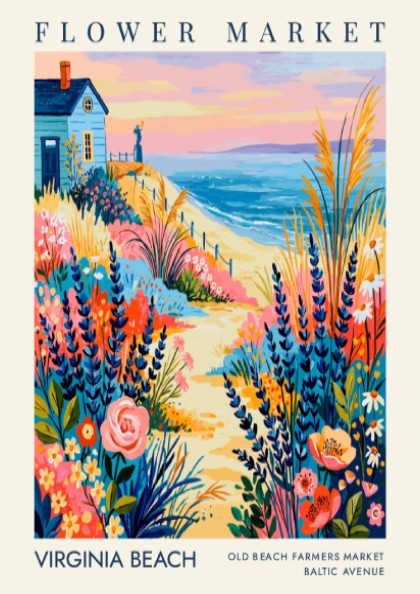 Virginia Beach flower market poster featuring colorful blooms and coastal scenery in a vibrant style