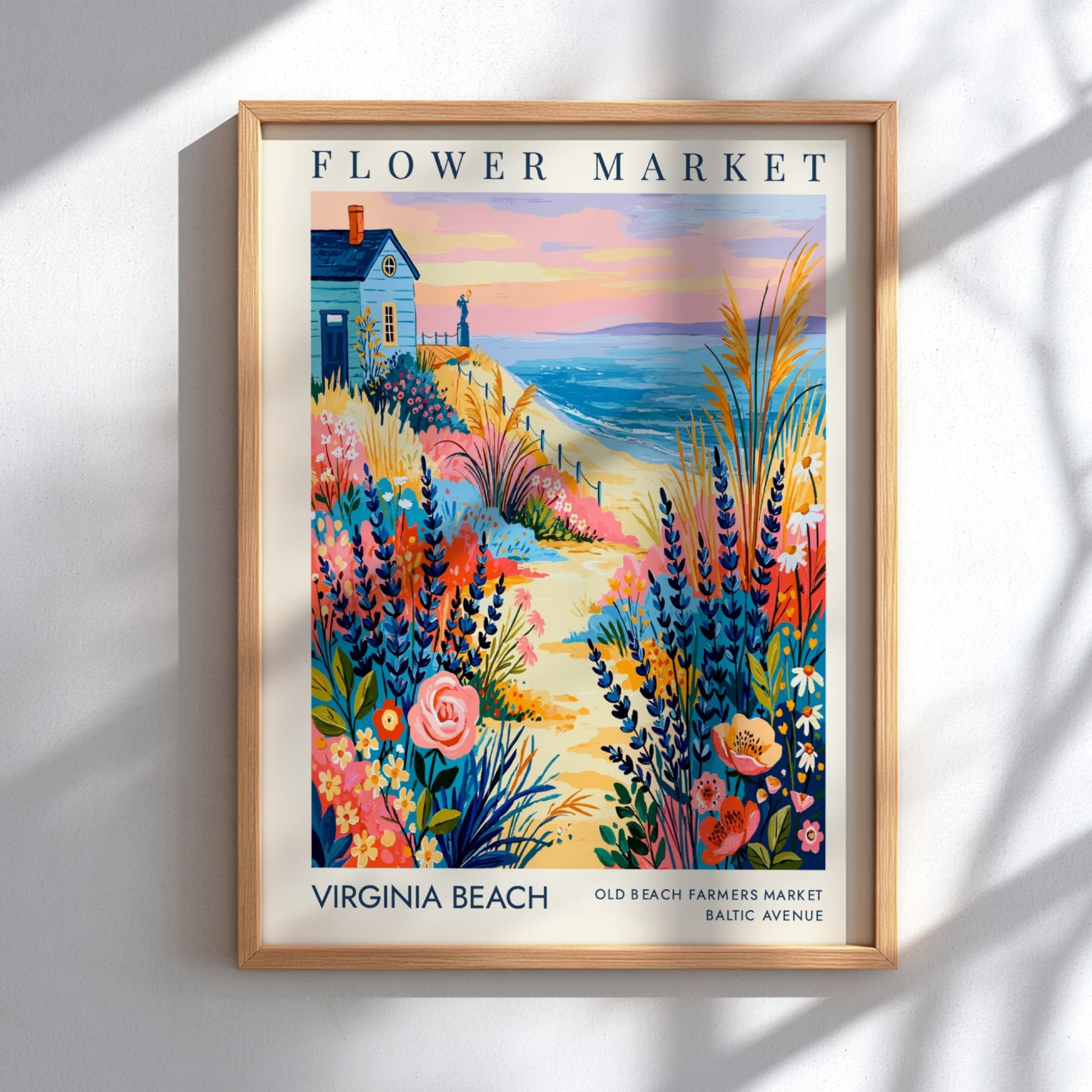 Virginia Beach flower market poster featuring colorful blooms and coastal scenery in a vibrant style