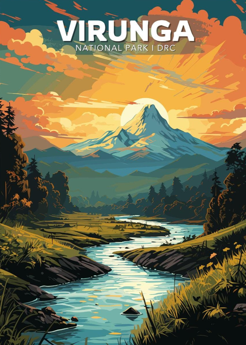 A vibrant poster featuring the scenic landscape of Virunga National Park with mountains, a river, and a lush forest. The park's name is prominently displayed at the top.