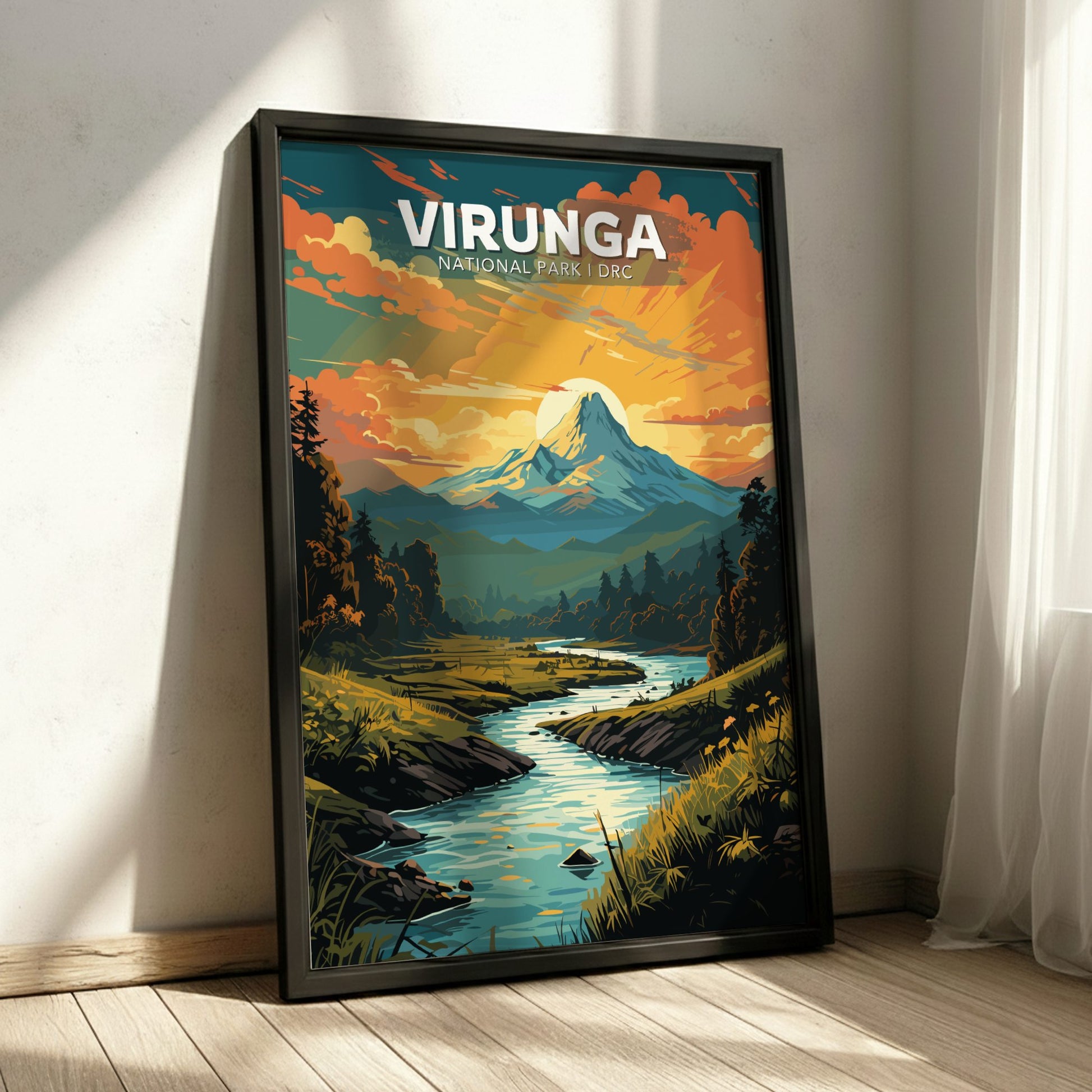 Framed poster of Virunga National Park with a mountain and river scene.