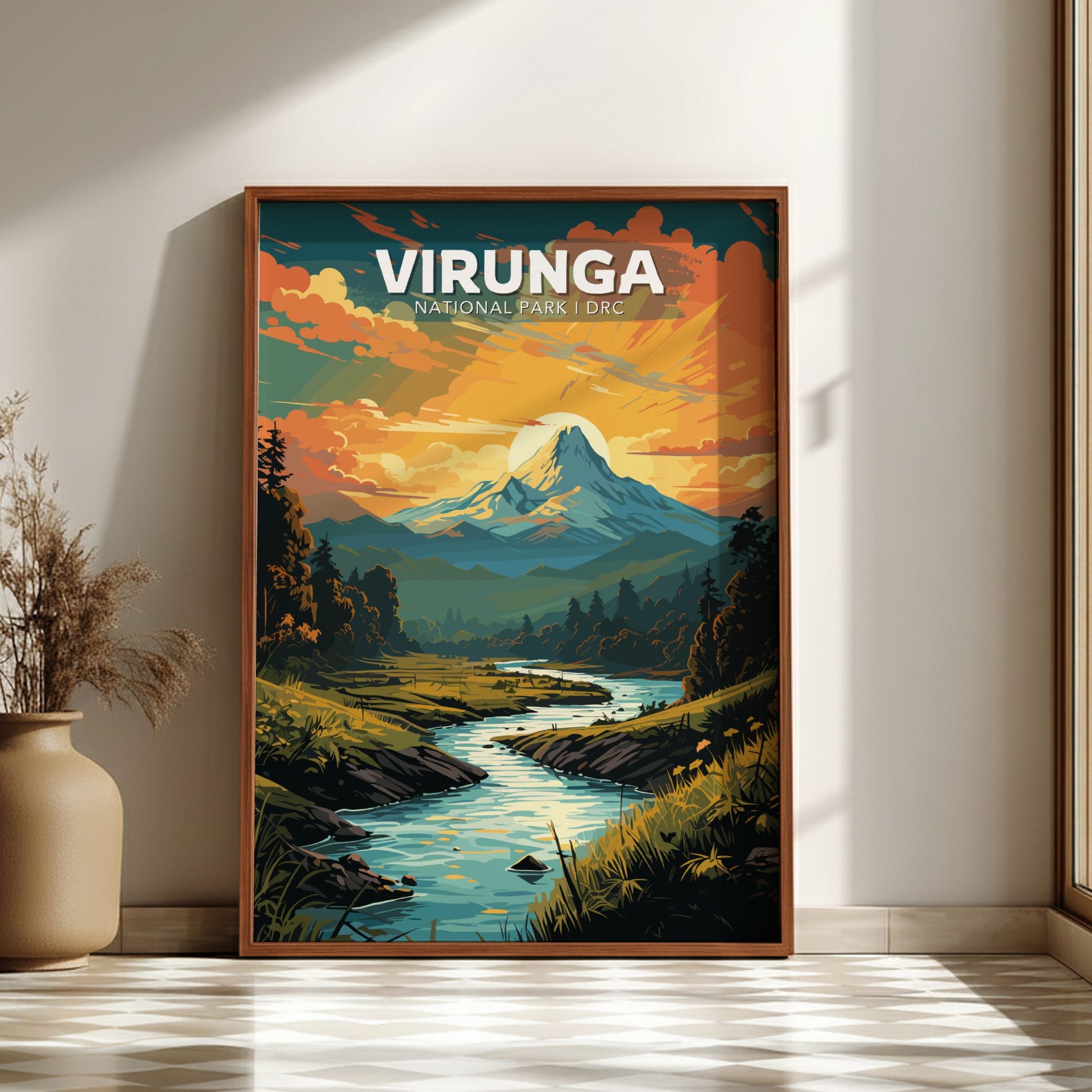 Framed poster of Virunga National Park with a scenic landscape on a wall.