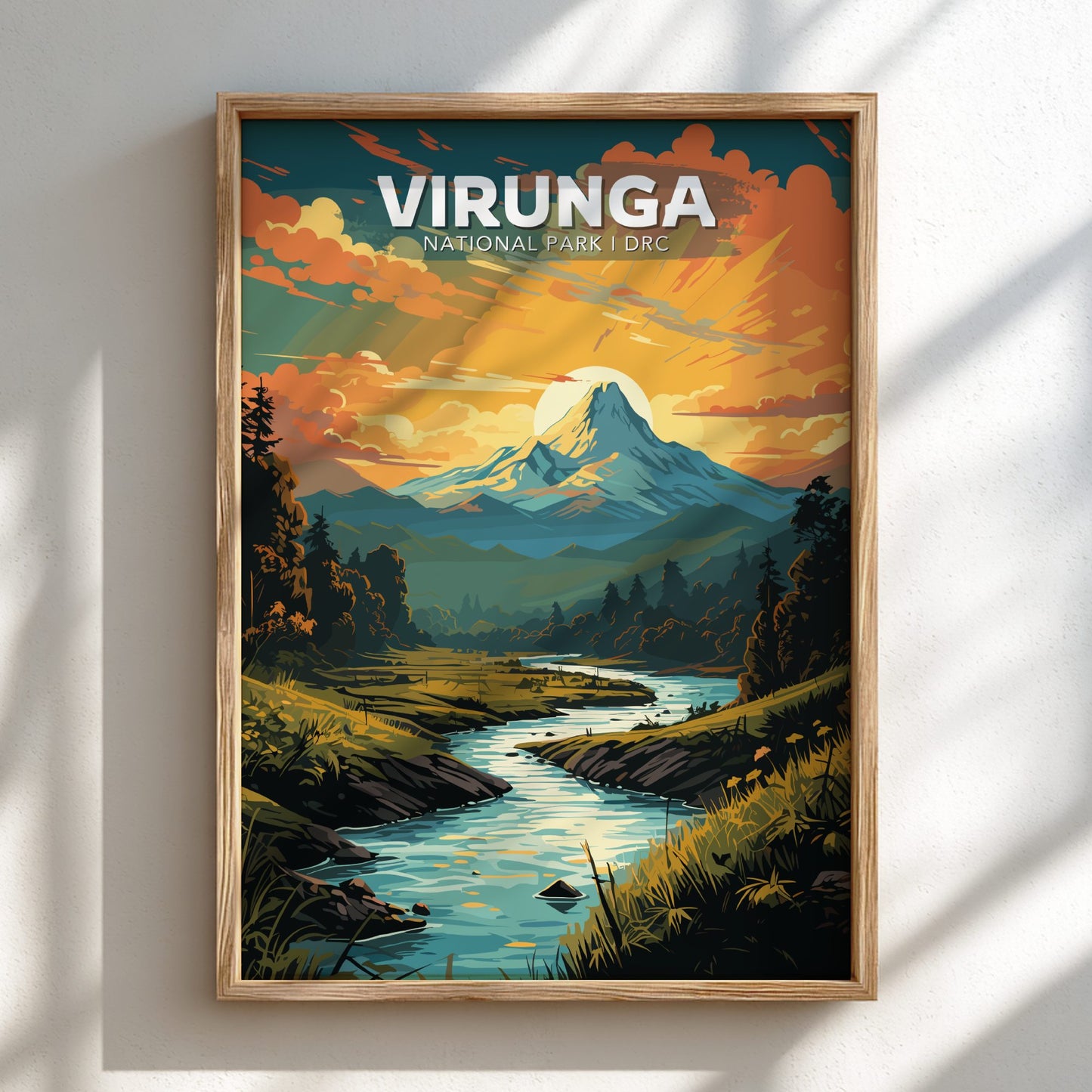 Framed poster of Virunga National Park with a mountain and river scene.
