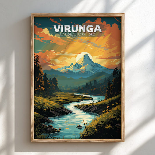 Framed poster of Virunga National Park with a mountain and river scene.