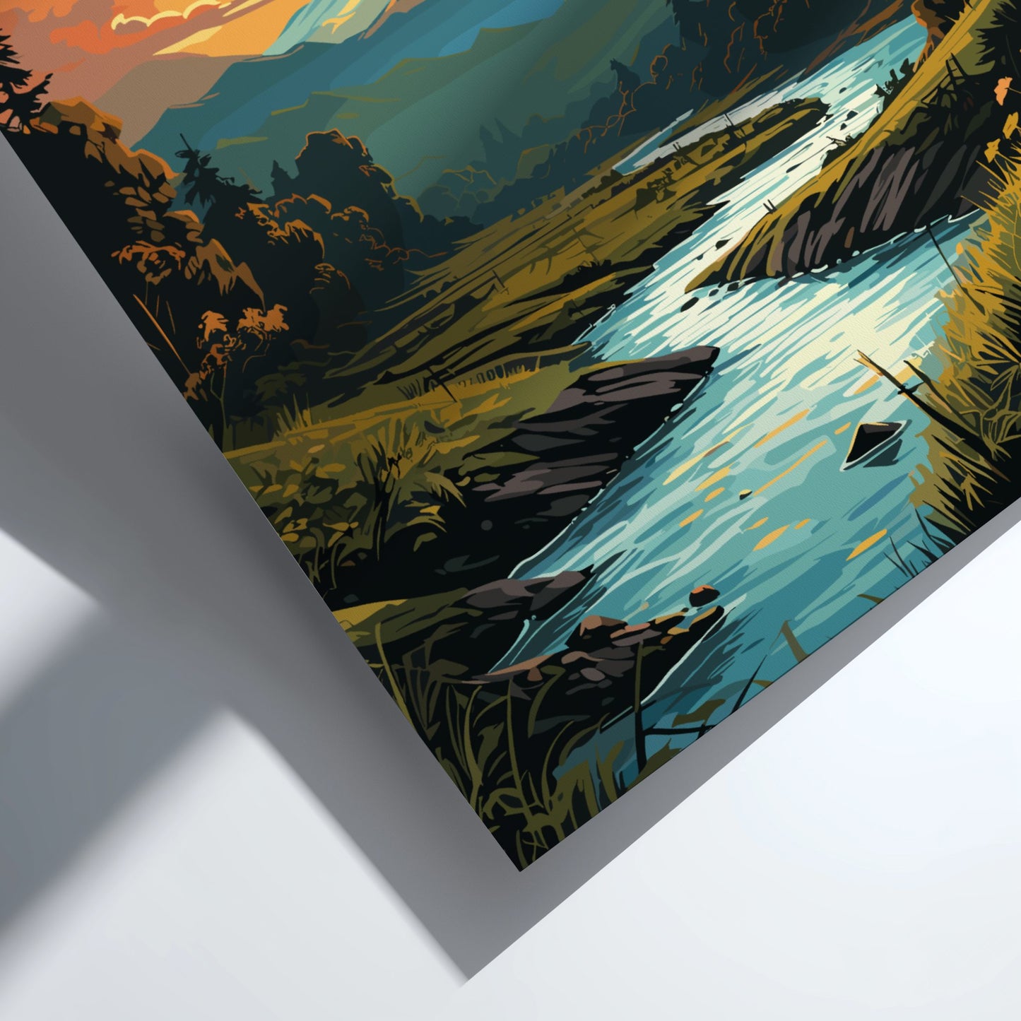 Artistic depiction of a river flowing through a forest with a sunset in the background.