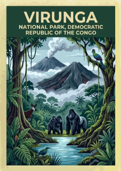 Virunga National Park poster featuring gorillas, lush greenery, and volcanic mountains in vibrant colors.