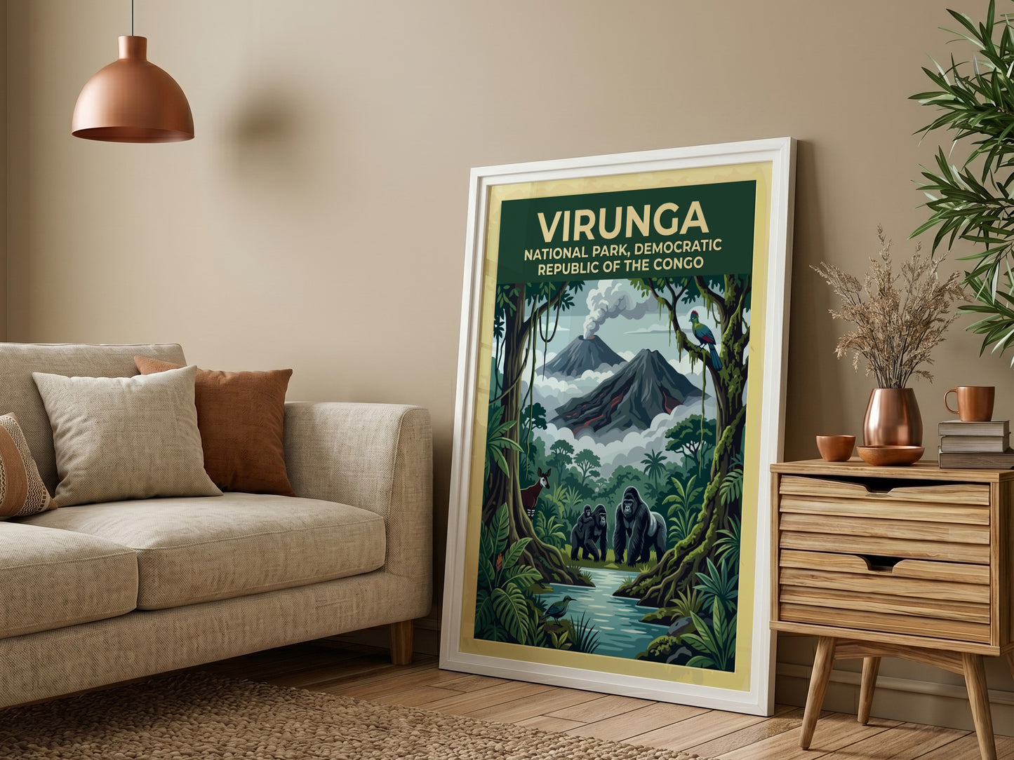 Virunga National Park poster featuring gorillas, lush greenery, and volcanic mountains in vibrant colors.