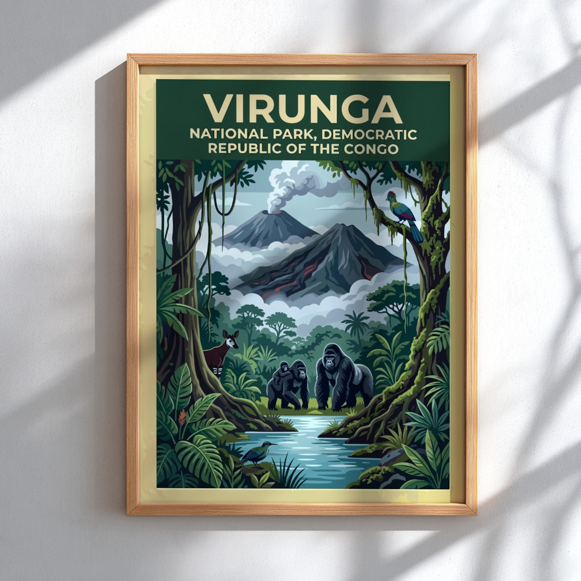 Virunga National Park poster featuring gorillas, lush greenery, and volcanic mountains in vibrant colors.