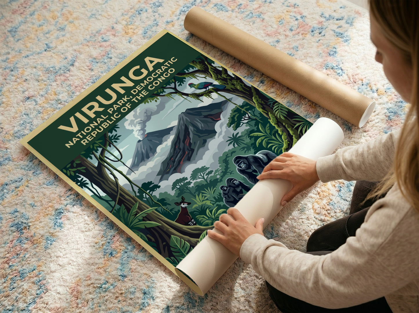 Virunga National Park poster featuring gorillas, lush greenery, and volcanic mountains in vibrant colors.