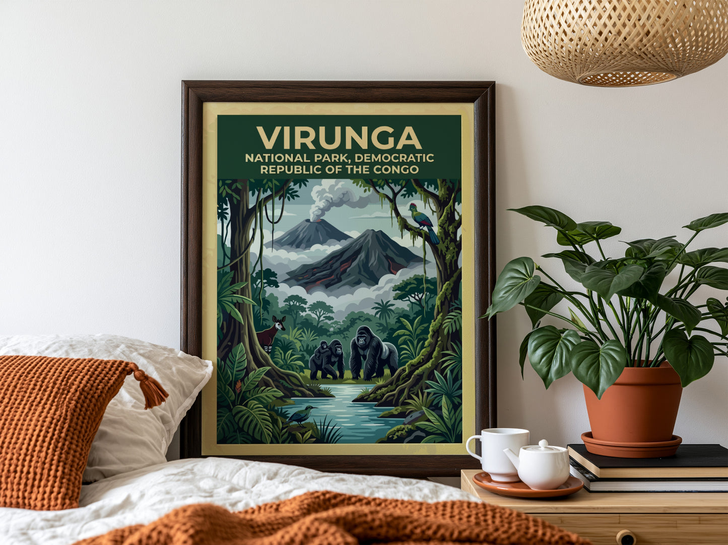 Virunga National Park poster featuring gorillas, lush greenery, and volcanic mountains in vibrant colors.
