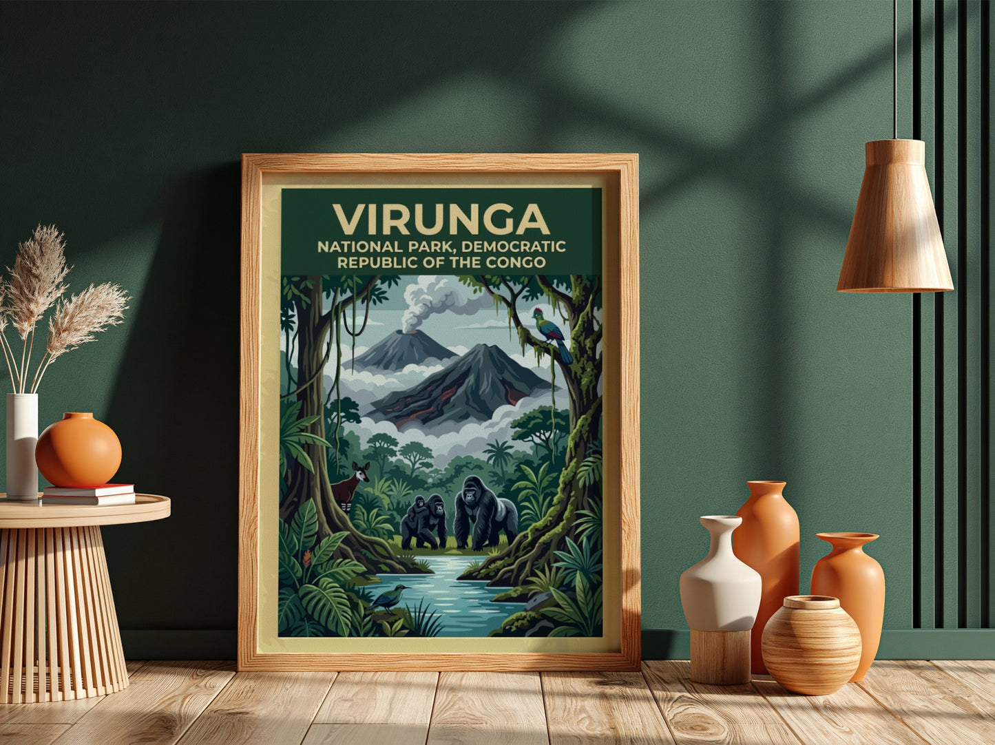 Virunga National Park poster featuring gorillas, lush greenery, and volcanic mountains in vibrant colors.