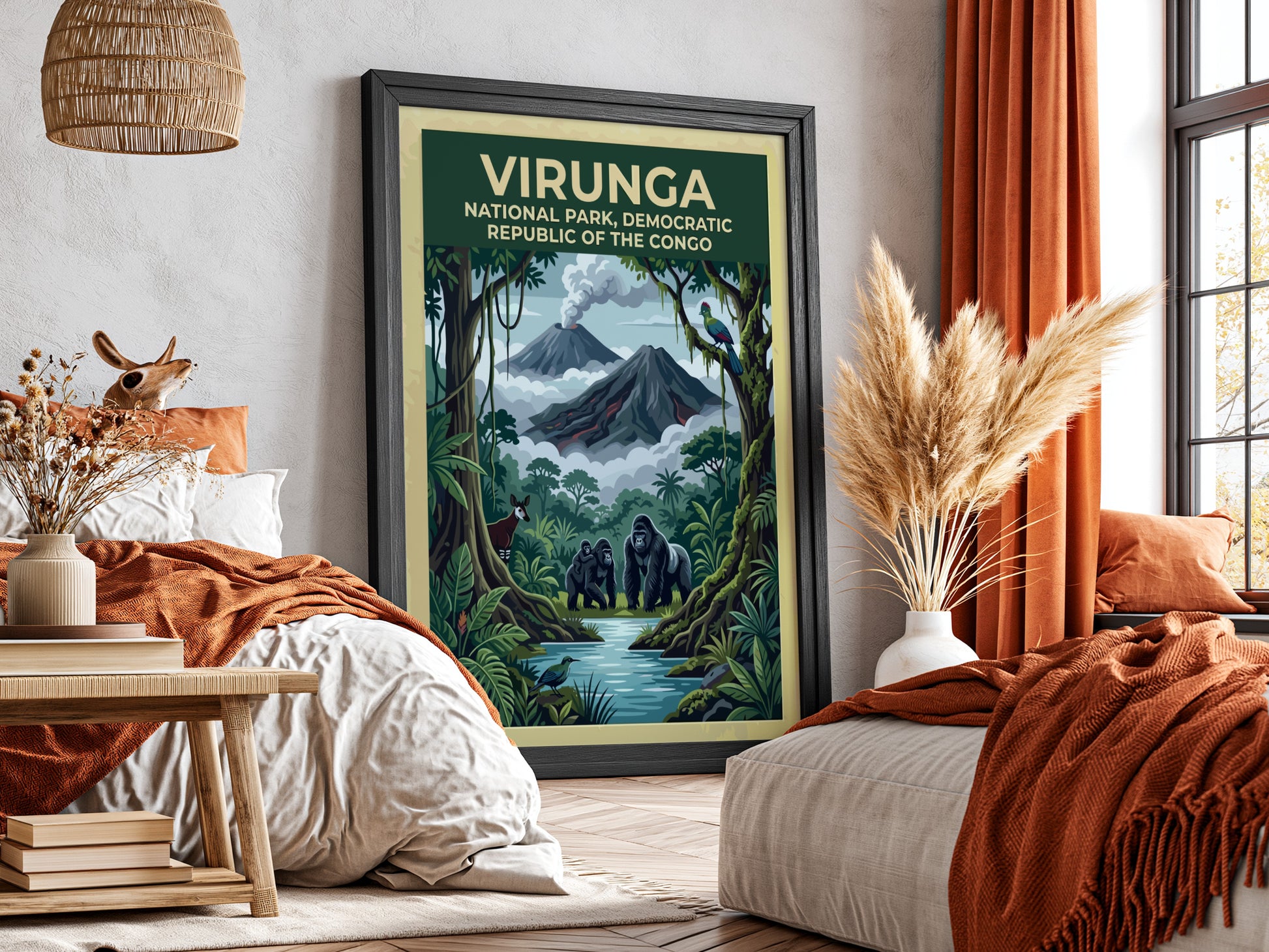 Virunga National Park poster featuring gorillas, lush greenery, and volcanic mountains in vibrant colors.