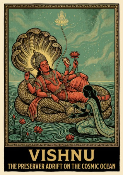 Vishnu the Preserver poster featuring a deity resting on a serpent in water.
