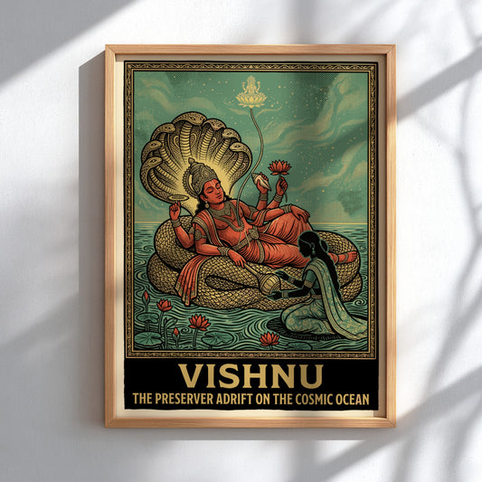 Vishnu the Preserver poster featuring a deity resting on a serpent in water.
