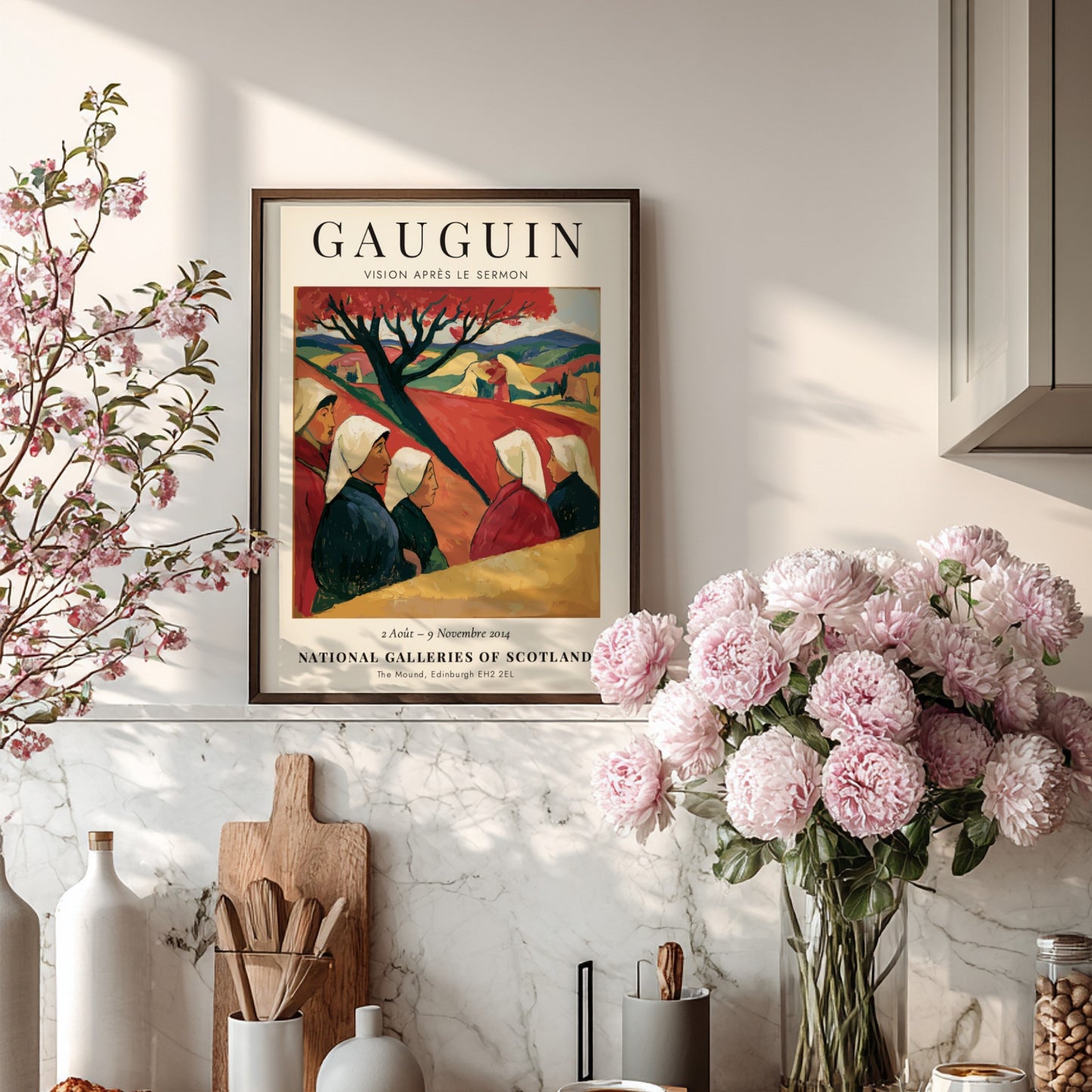 Gauguin Exhibition Poster featuring Vision Après le Sermon with warm colors and serene landscape.
