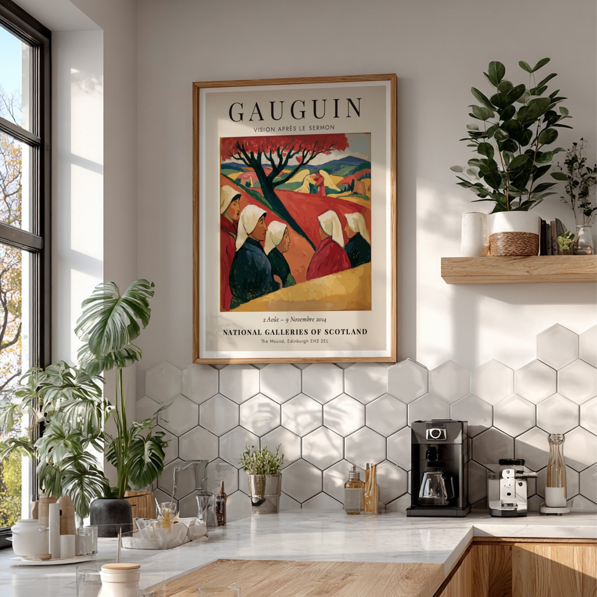 Gauguin Exhibition Poster featuring Vision Après le Sermon with warm colors and serene landscape.